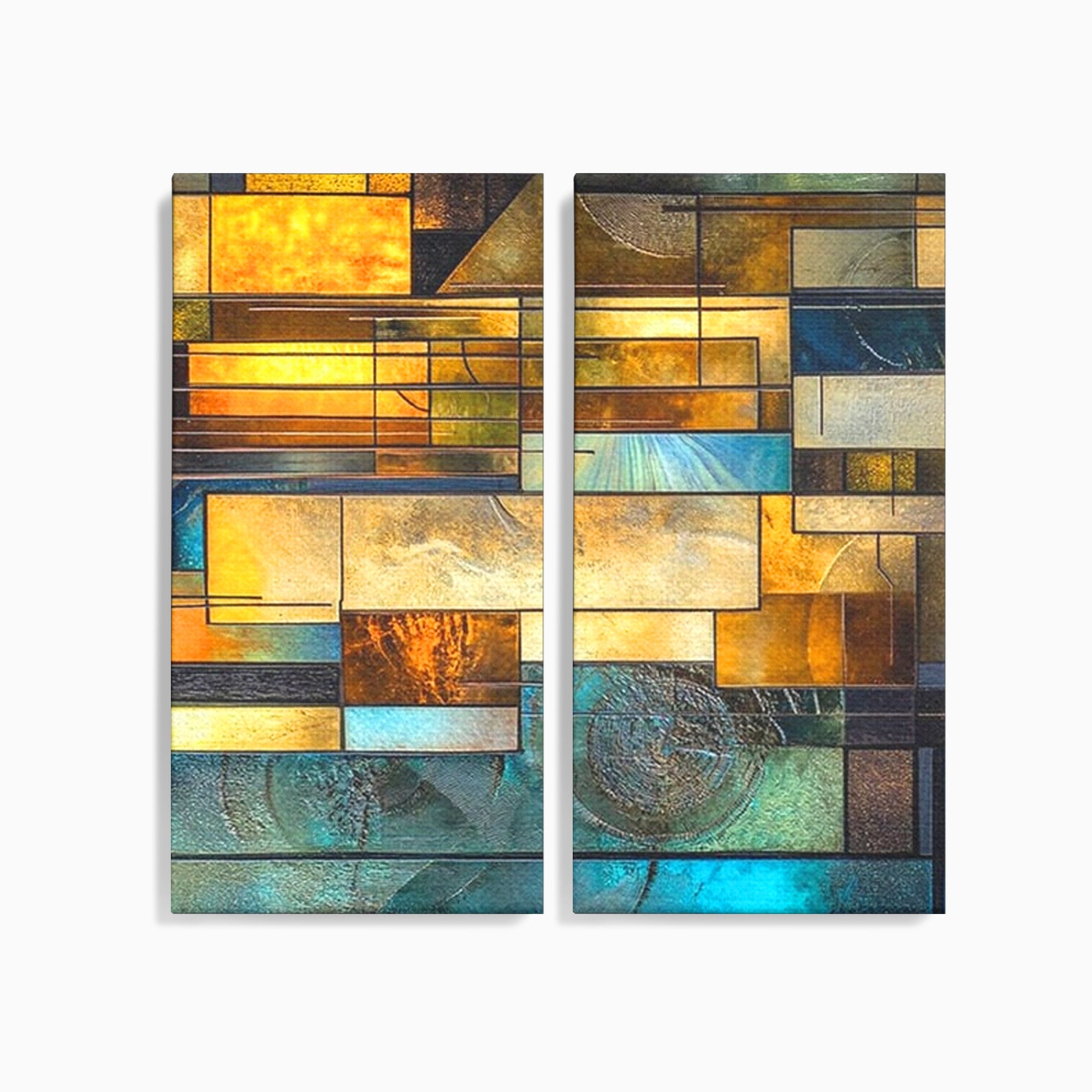 Set 2 Tablouri Canvas Premium LuxCanva® C2-1288, Orase Nevazute, Geometrie, Culori, Abstract, Aur, Turcoaz, Metal, Apa, Memorii, Liniste, Planuri, Timp, Harti, Fragment, Orizont, Birou, Living, Dormitor