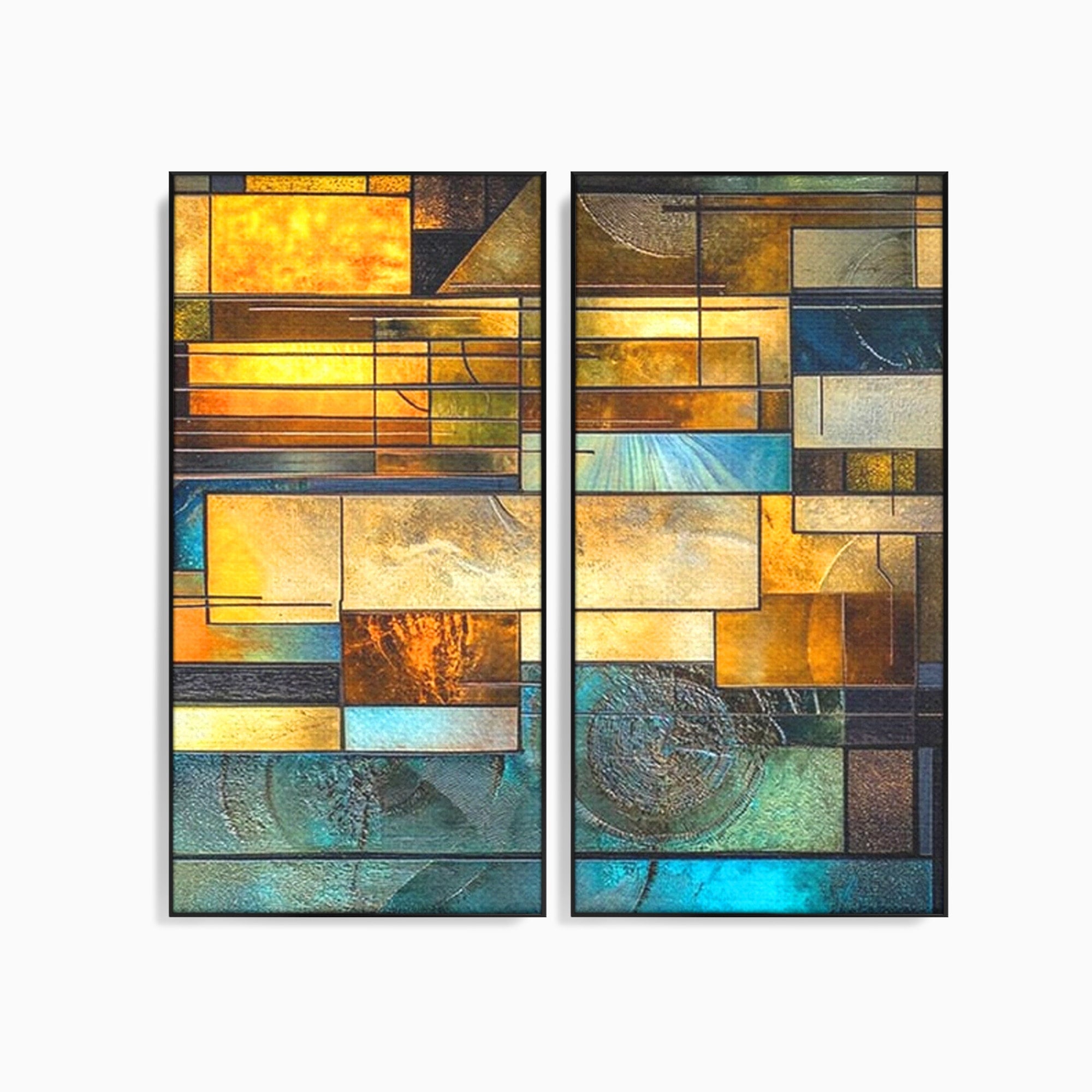 Set 2 Tablouri Canvas Premium LuxCanva® C2-1288, Orase Nevazute, Geometrie, Culori, Abstract, Aur, Turcoaz, Metal, Apa, Memorii, Liniste, Planuri, Timp, Harti, Fragment, Orizont, Birou, Living, Dormitor