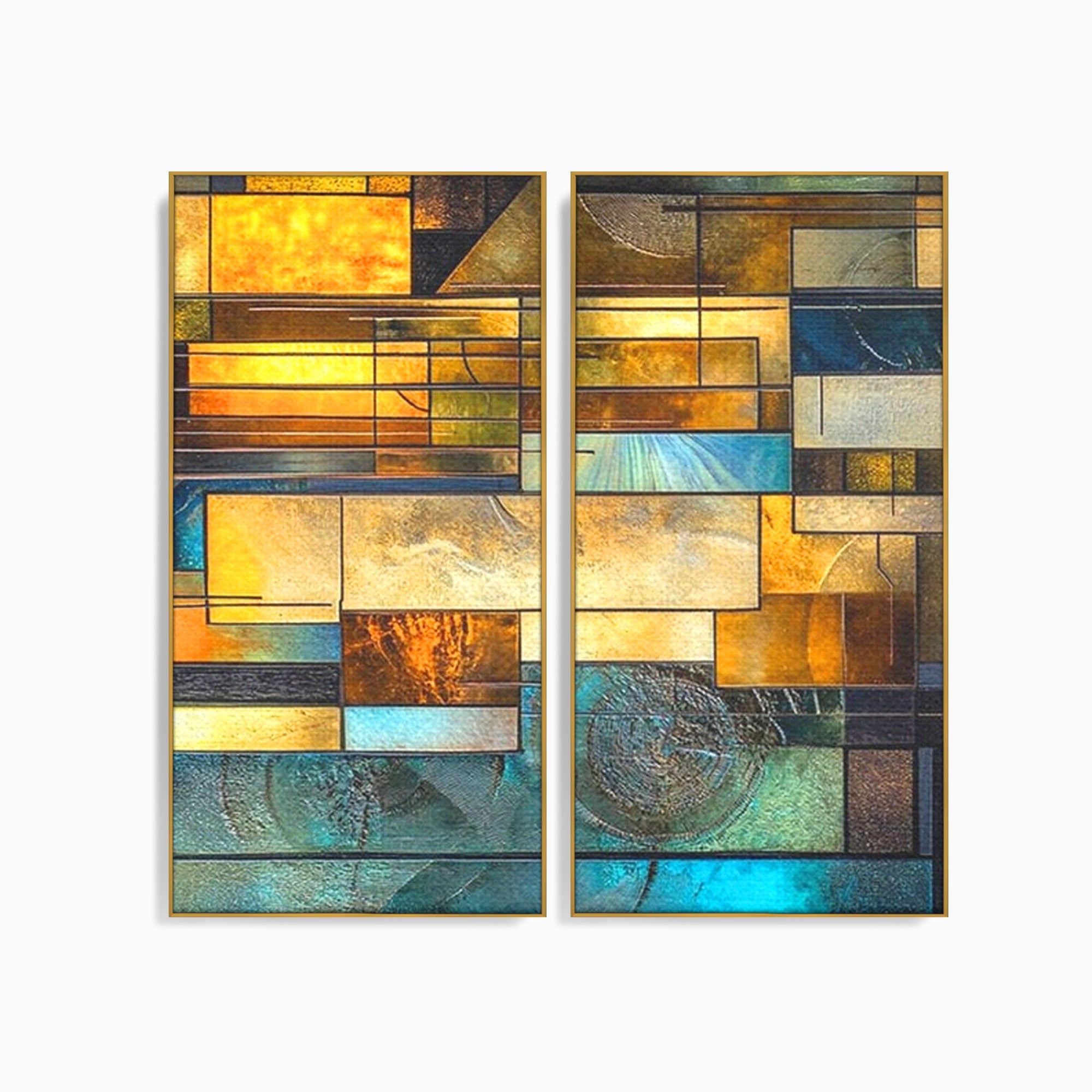 Set 2 Tablouri Canvas Premium LuxCanva® C2-1288, Orase Nevazute, Geometrie, Culori, Abstract, Aur, Turcoaz, Metal, Apa, Memorii, Liniste, Planuri, Timp, Harti, Fragment, Orizont, Birou, Living, Dormitor