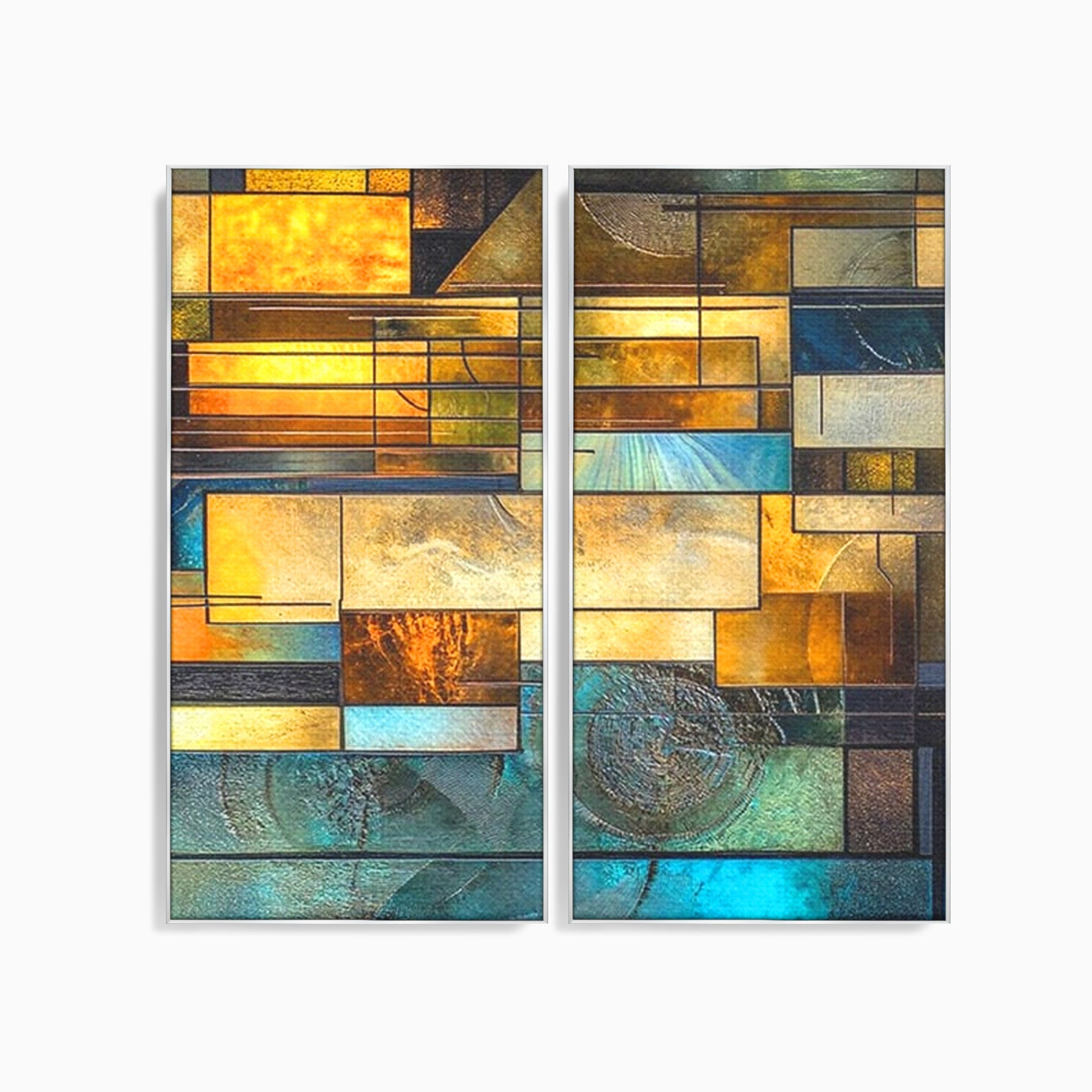 Set 2 Tablouri Canvas Premium LuxCanva® C2-1288, Orase Nevazute, Geometrie, Culori, Abstract, Aur, Turcoaz, Metal, Apa, Memorii, Liniste, Planuri, Timp, Harti, Fragment, Orizont, Birou, Living, Dormitor