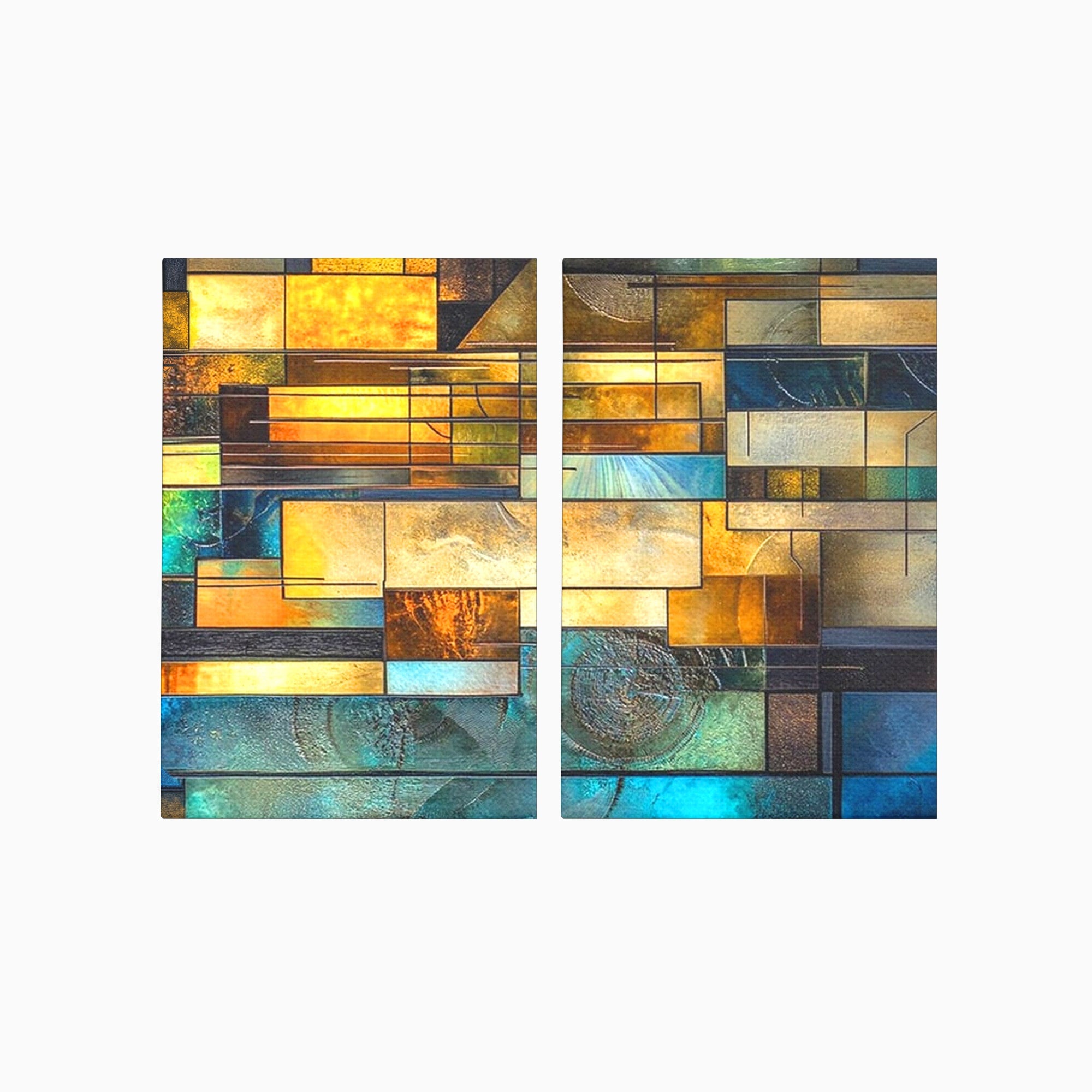 Set 2 Tablouri Canvas Premium LuxCanva® C2-1288, Orase Nevazute, Geometrie, Culori, Abstract, Aur, Turcoaz, Metal, Apa, Memorii, Liniste, Planuri, Timp, Harti, Fragment, Orizont, Birou, Living, Dormitor