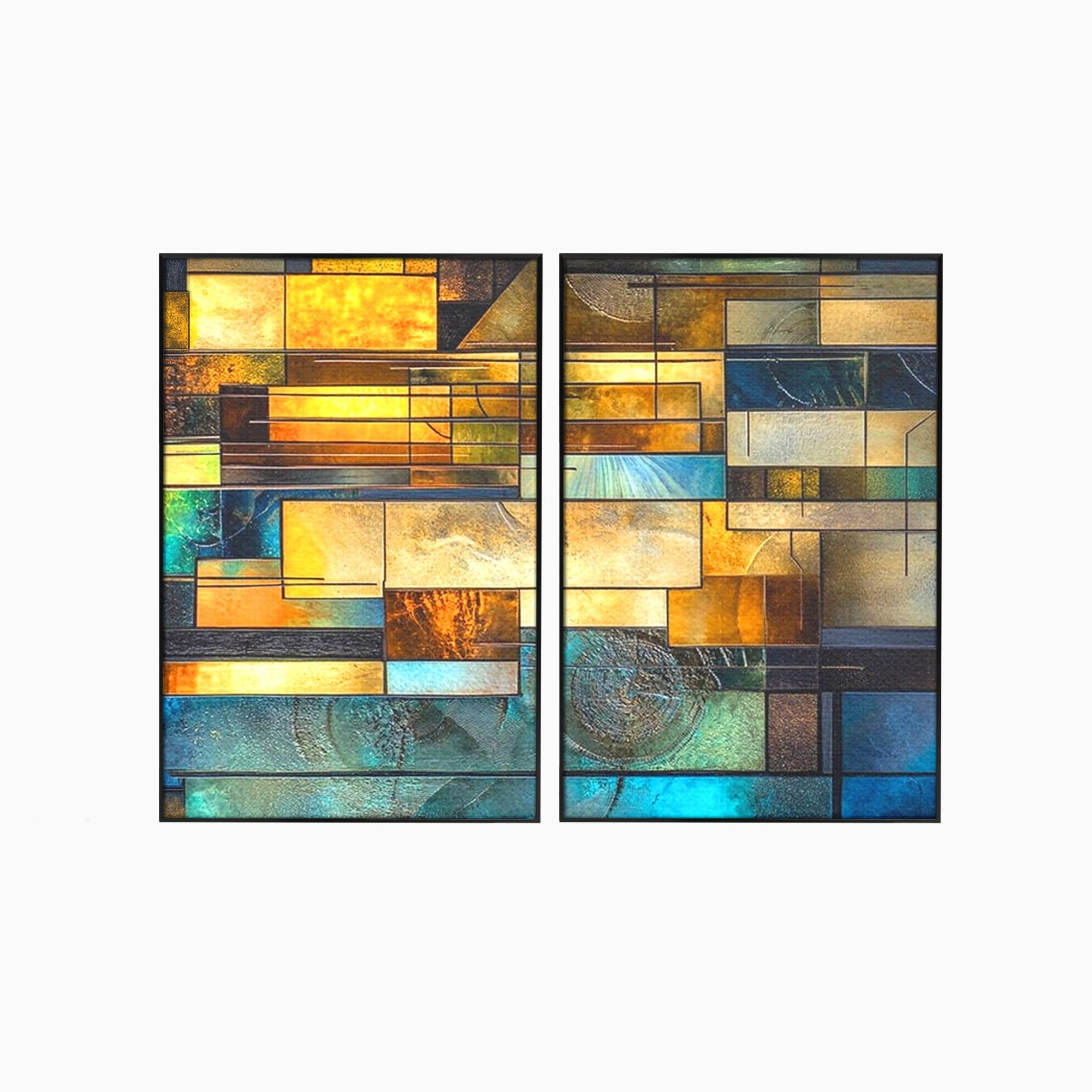 Set 2 Tablouri Canvas Premium LuxCanva® C2-1288, Orase Nevazute, Geometrie, Culori, Abstract, Aur, Turcoaz, Metal, Apa, Memorii, Liniste, Planuri, Timp, Harti, Fragment, Orizont, Birou, Living, Dormitor