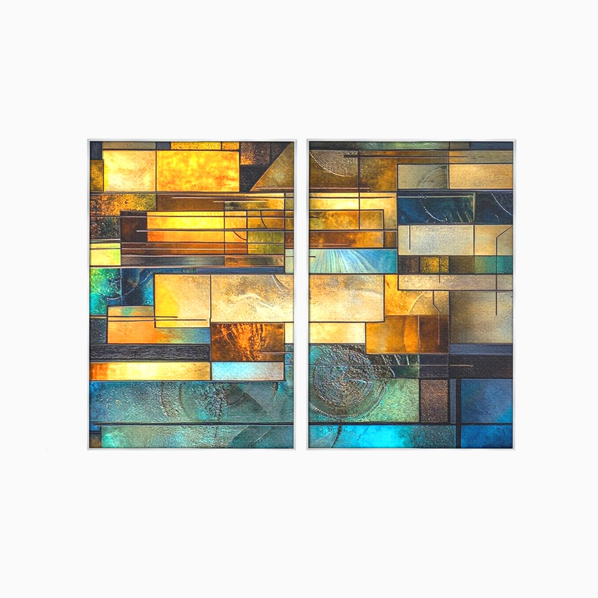 Set 2 Tablouri Canvas Premium LuxCanva® C2-1288, Orase Nevazute, Geometrie, Culori, Abstract, Aur, Turcoaz, Metal, Apa, Memorii, Liniste, Planuri, Timp, Harti, Fragment, Orizont, Birou, Living, Dormitor