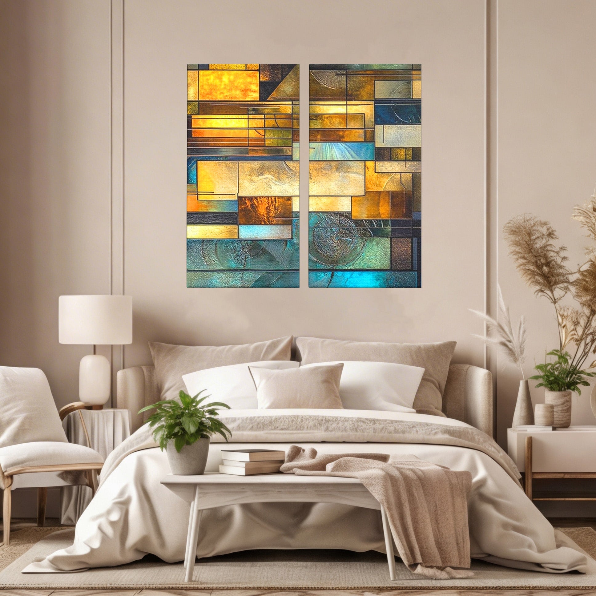 Set 2 Tablouri Canvas Premium LuxCanva® C2-1288, Orase Nevazute, Geometrie, Culori, Abstract, Aur, Turcoaz, Metal, Apa, Memorii, Liniste, Planuri, Timp, Harti, Fragment, Orizont, Birou, Living, Dormitor