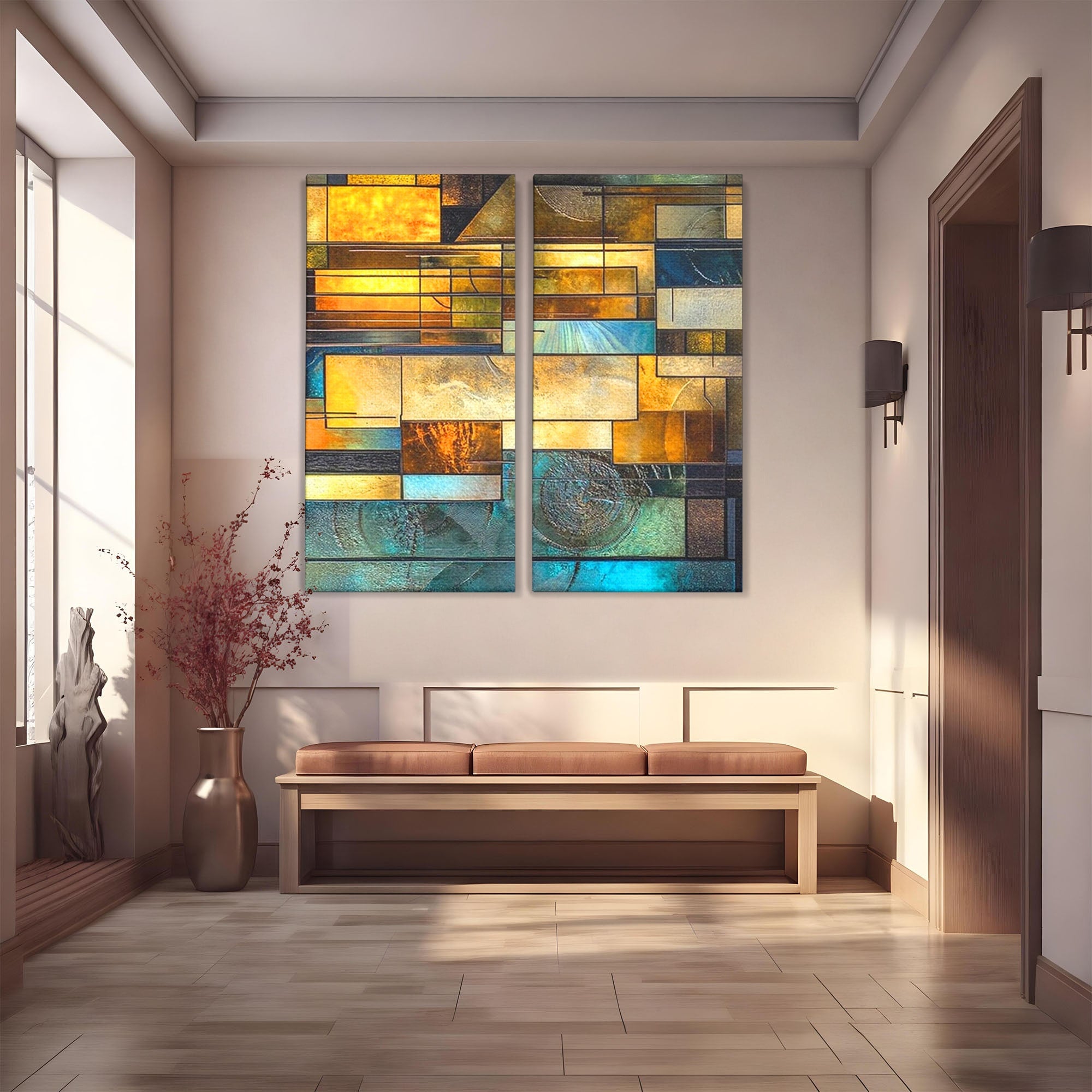 Set 2 Tablouri Canvas Premium LuxCanva® C2-1288, Orase Nevazute, Geometrie, Culori, Abstract, Aur, Turcoaz, Metal, Apa, Memorii, Liniste, Planuri, Timp, Harti, Fragment, Orizont, Birou, Living, Dormitor