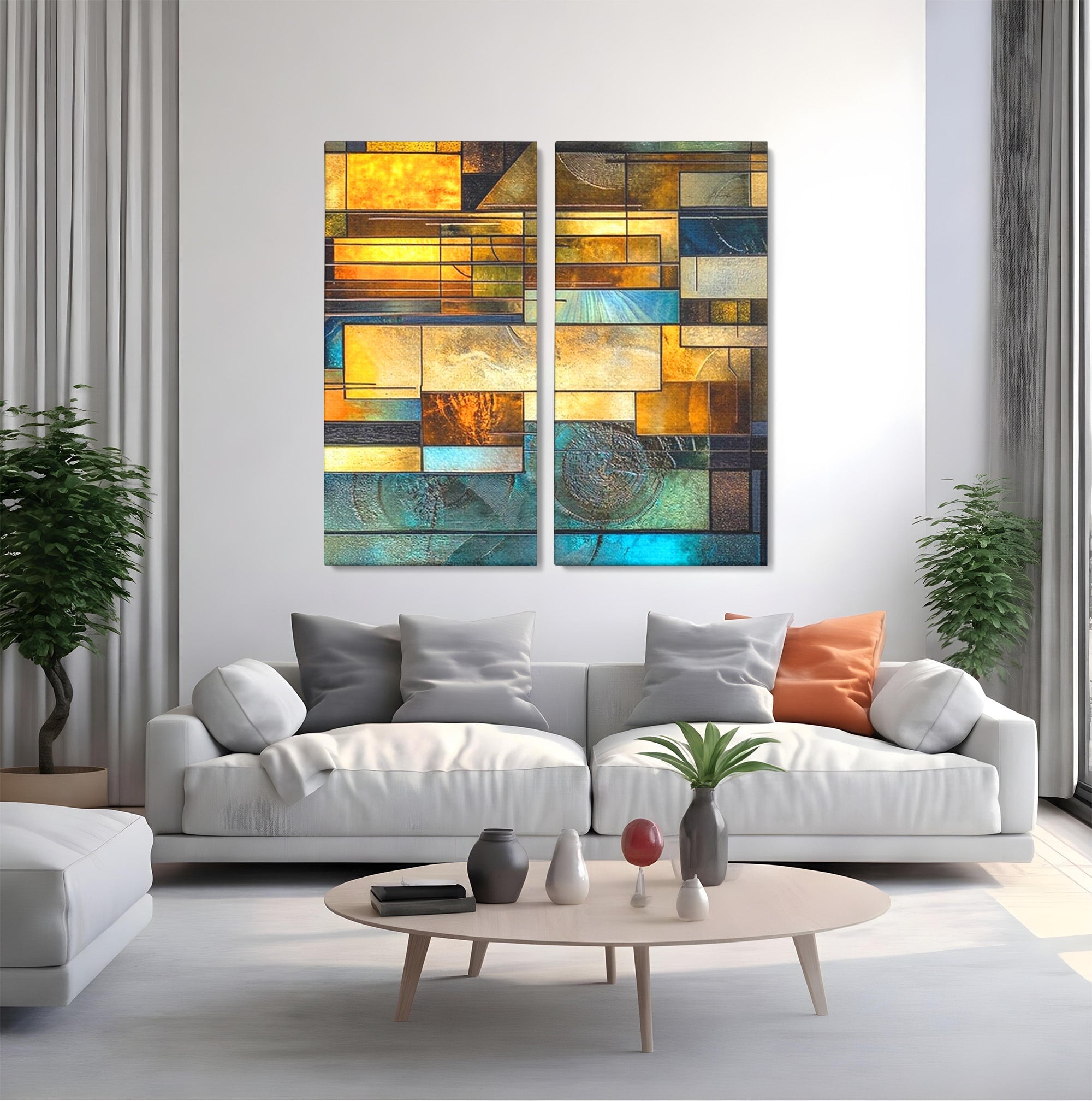Set 2 Tablouri Canvas Premium LuxCanva® C2-1288, Orase Nevazute, Geometrie, Culori, Abstract, Aur, Turcoaz, Metal, Apa, Memorii, Liniste, Planuri, Timp, Harti, Fragment, Orizont, Birou, Living, Dormitor
