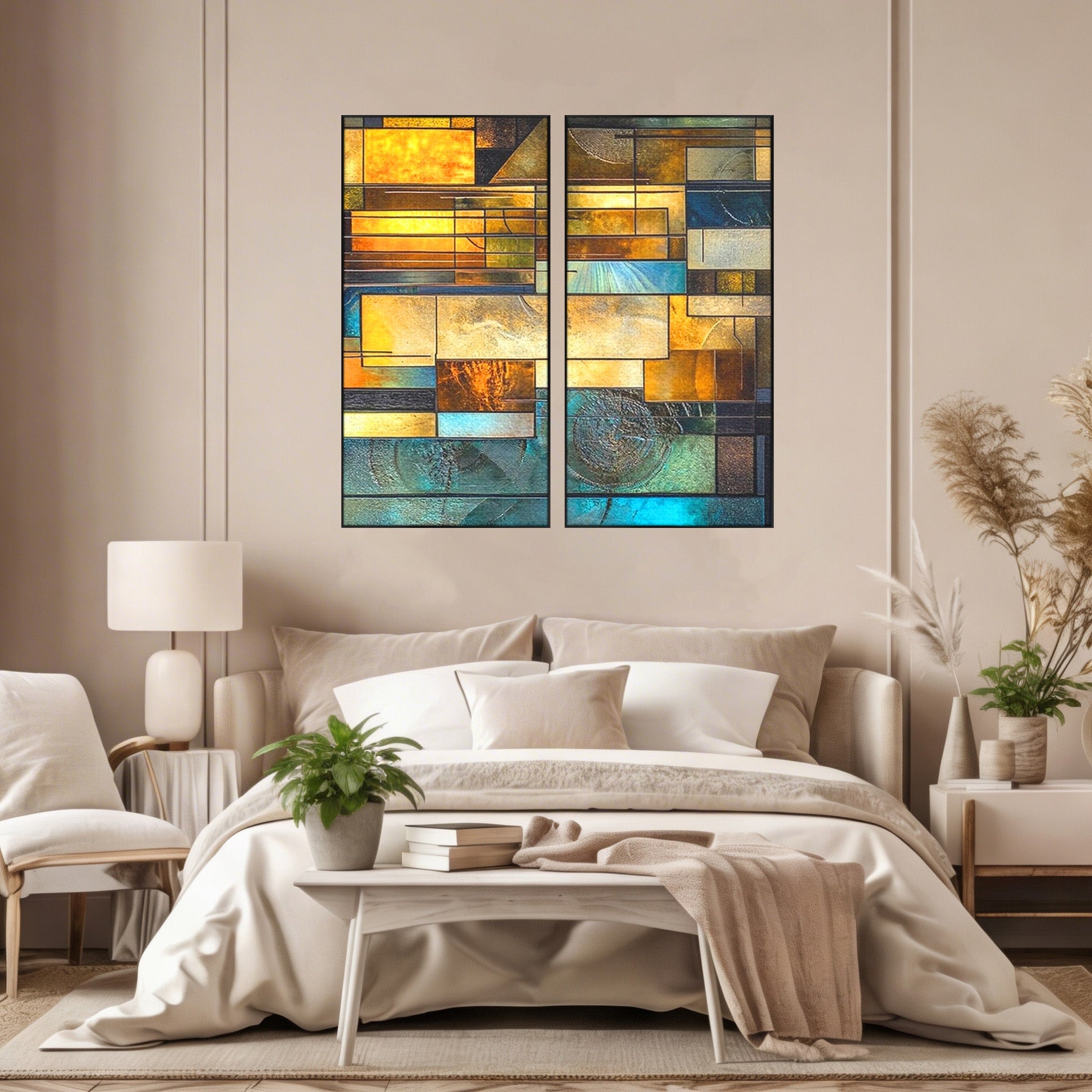 Set 2 Tablouri Canvas Premium LuxCanva® C2-1288, Orase Nevazute, Geometrie, Culori, Abstract, Aur, Turcoaz, Metal, Apa, Memorii, Liniste, Planuri, Timp, Harti, Fragment, Orizont, Birou, Living, Dormitor