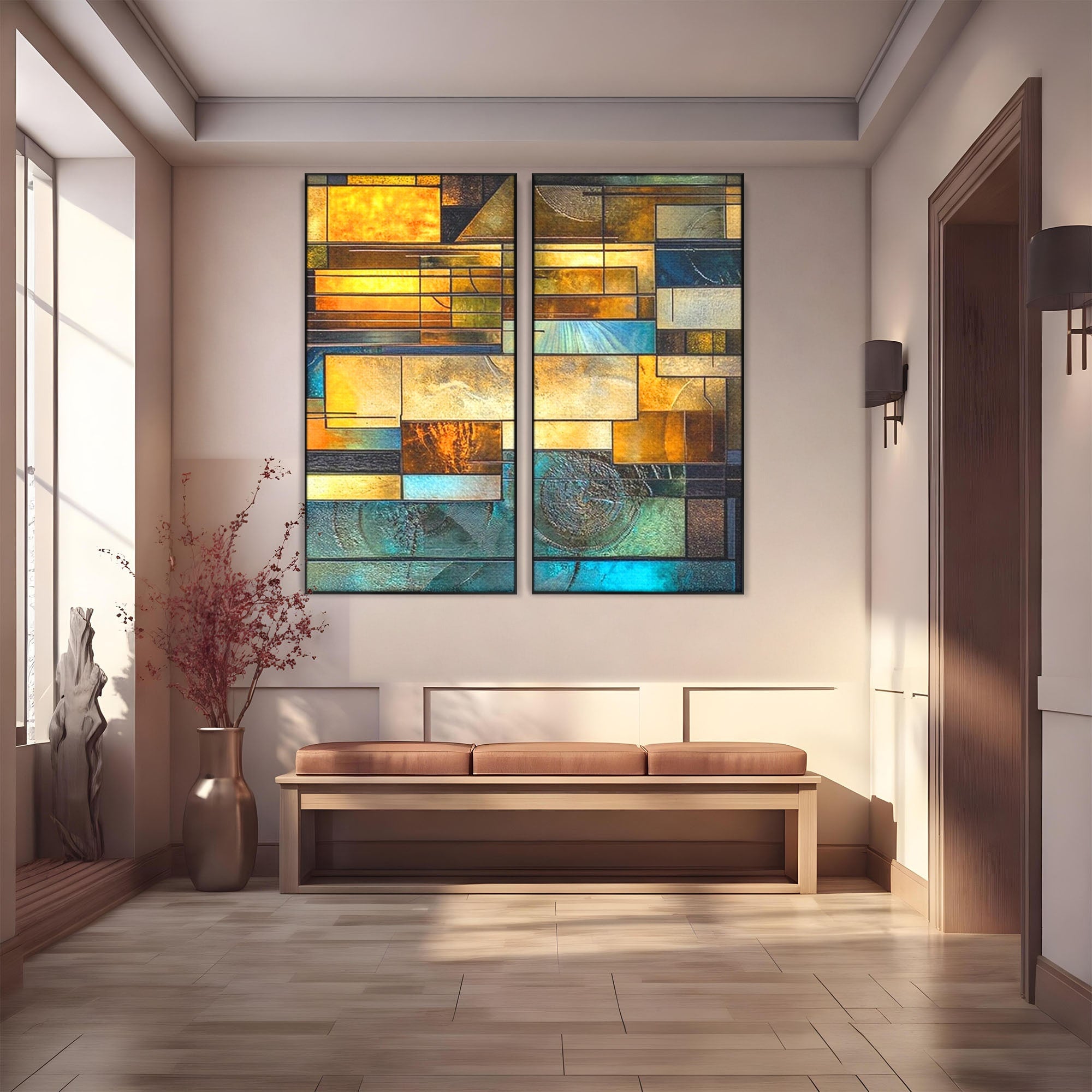 Set 2 Tablouri Canvas Premium LuxCanva® C2-1288, Orase Nevazute, Geometrie, Culori, Abstract, Aur, Turcoaz, Metal, Apa, Memorii, Liniste, Planuri, Timp, Harti, Fragment, Orizont, Birou, Living, Dormitor