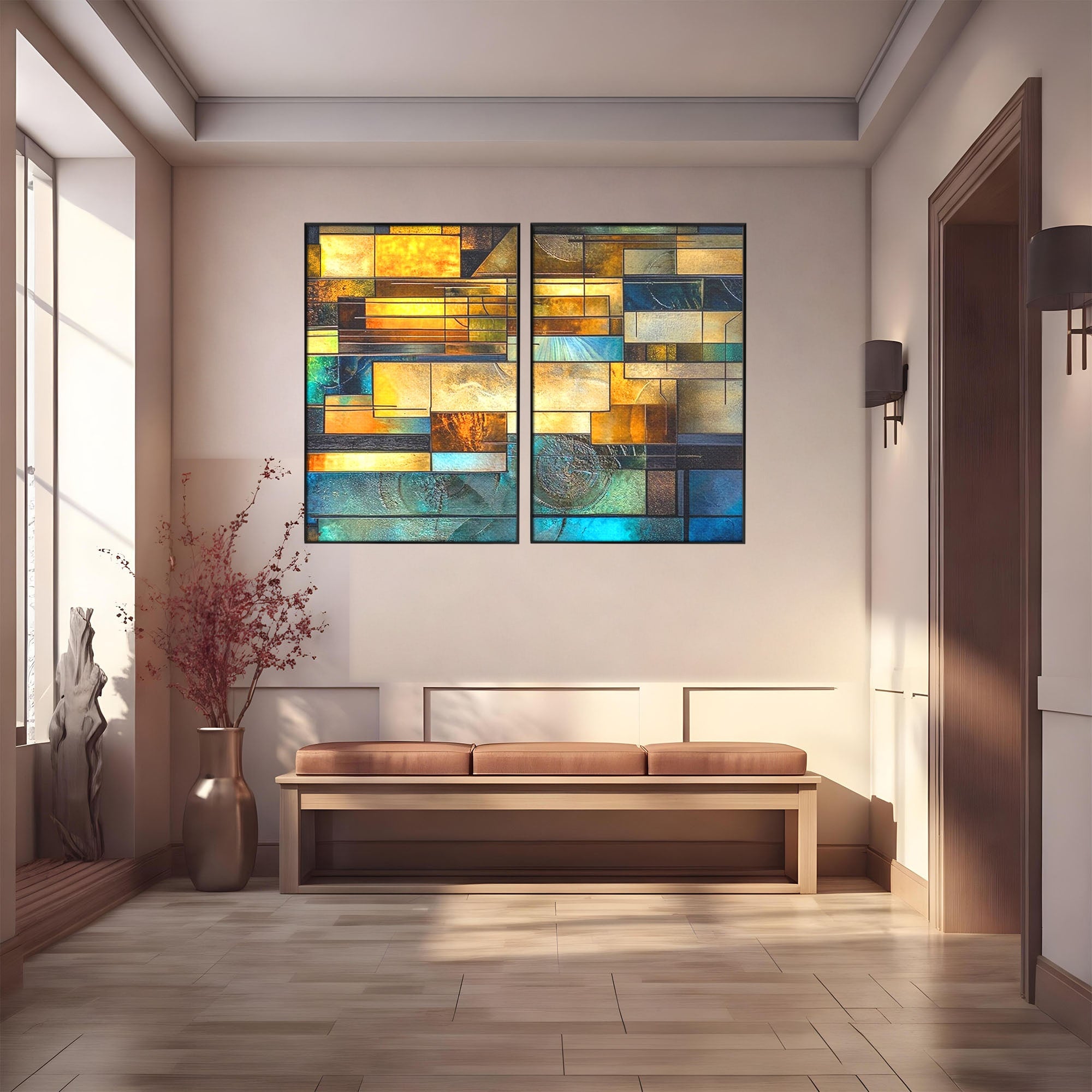 Set 2 Tablouri Canvas Premium LuxCanva® C2-1288, Orase Nevazute, Geometrie, Culori, Abstract, Aur, Turcoaz, Metal, Apa, Memorii, Liniste, Planuri, Timp, Harti, Fragment, Orizont, Birou, Living, Dormitor
