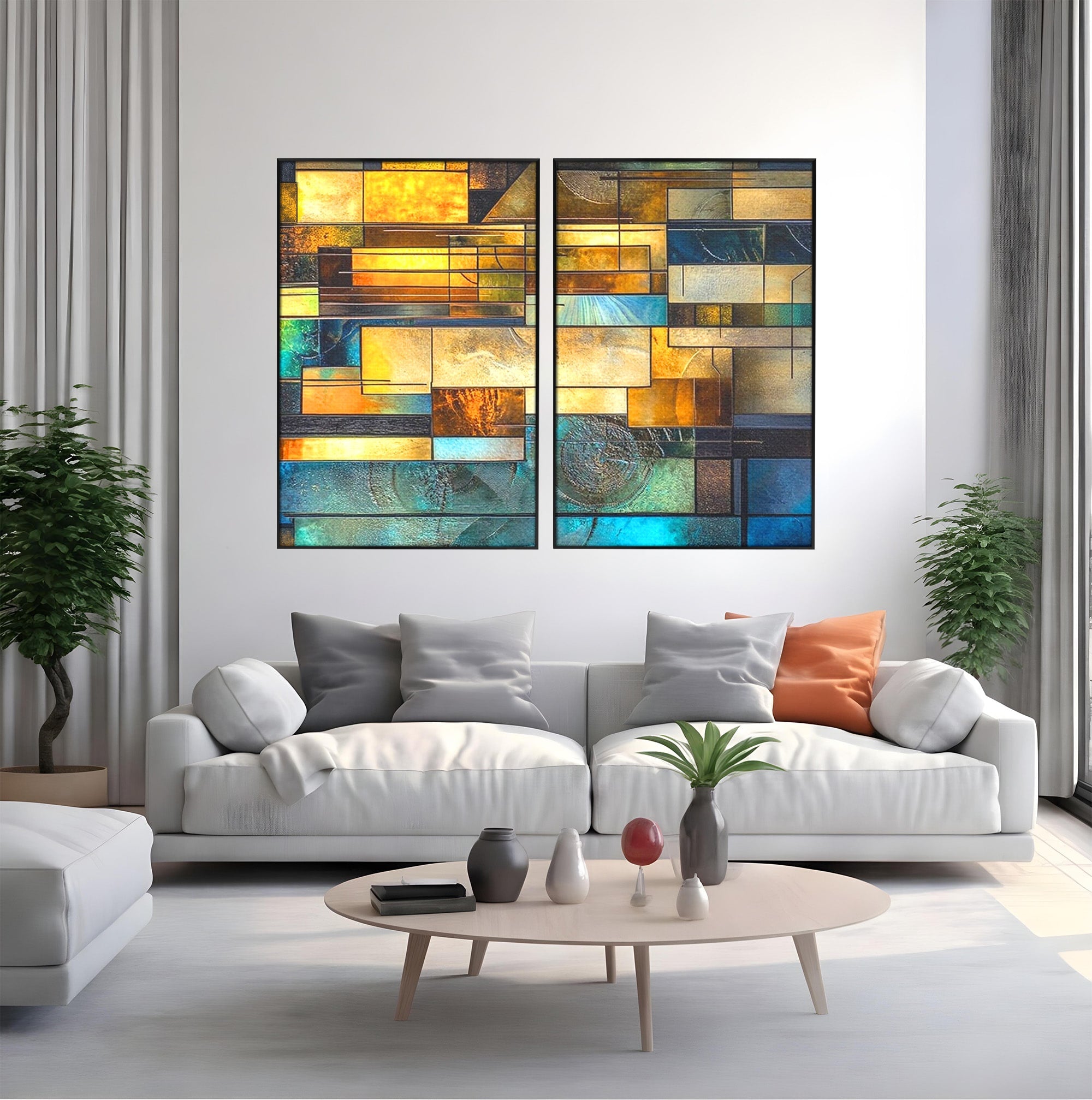 Set 2 Tablouri Canvas Premium LuxCanva® C2-1288, Orase Nevazute, Geometrie, Culori, Abstract, Aur, Turcoaz, Metal, Apa, Memorii, Liniste, Planuri, Timp, Harti, Fragment, Orizont, Birou, Living, Dormitor
