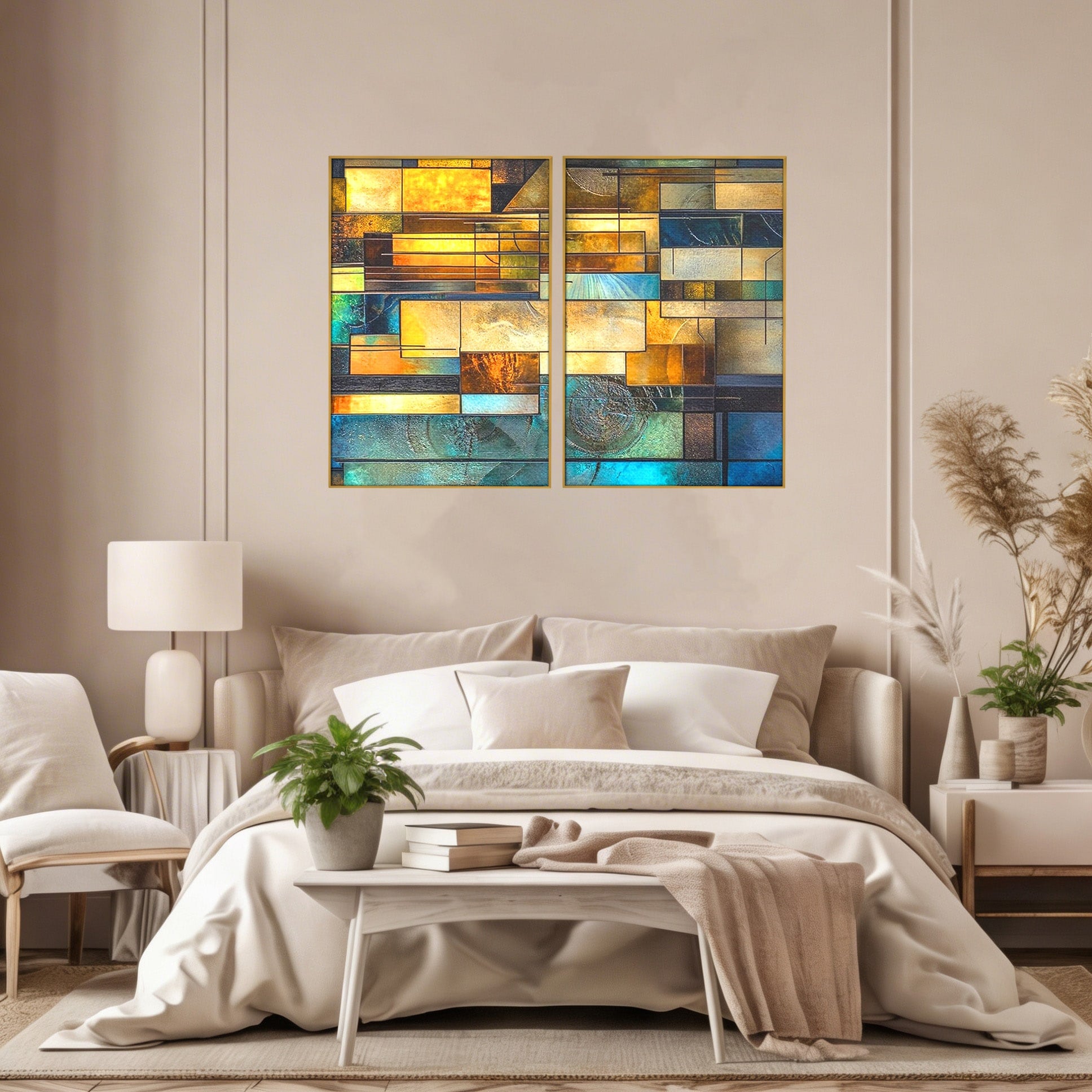 Set 2 Tablouri Canvas Premium LuxCanva® C2-1288, Orase Nevazute, Geometrie, Culori, Abstract, Aur, Turcoaz, Metal, Apa, Memorii, Liniste, Planuri, Timp, Harti, Fragment, Orizont, Birou, Living, Dormitor