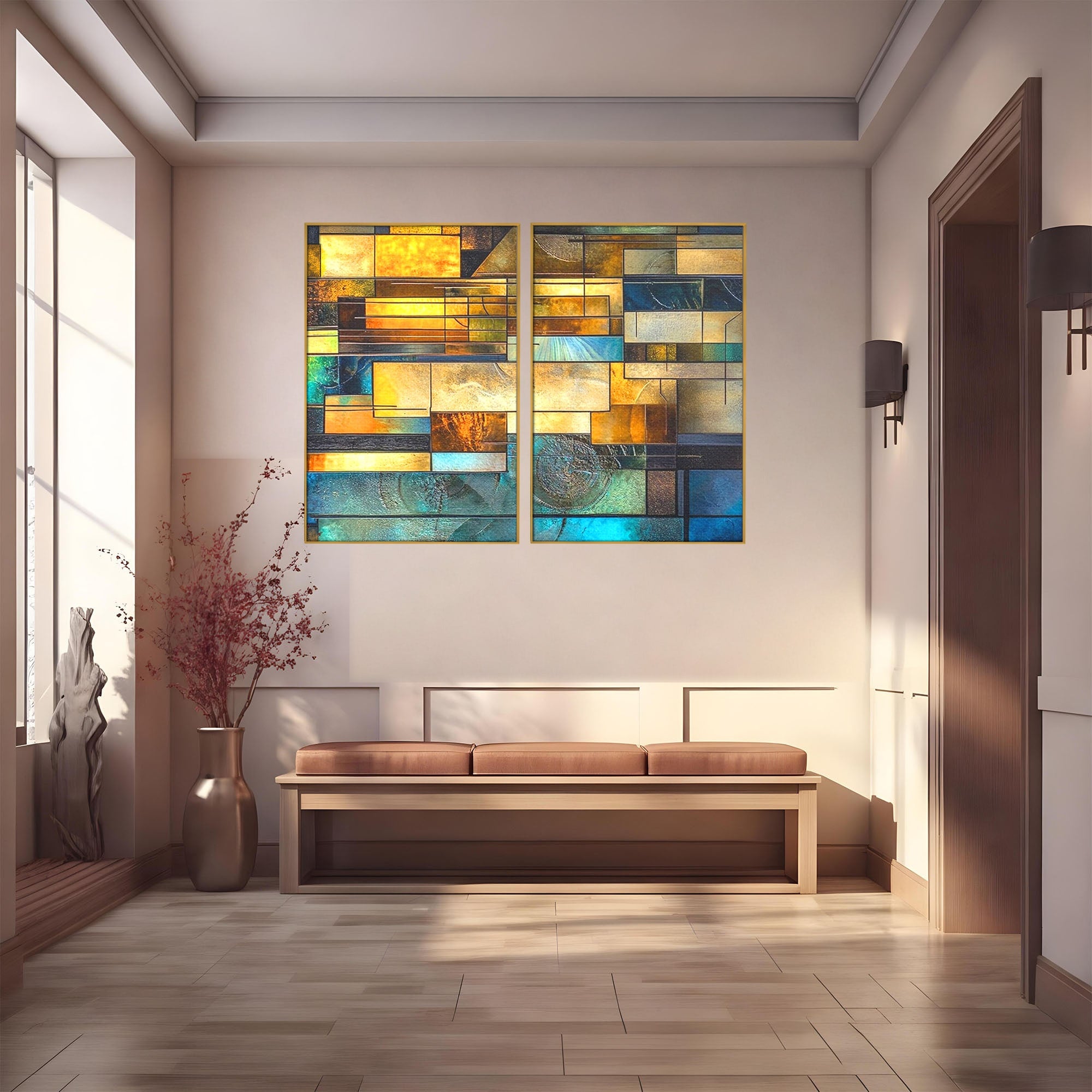 Set 2 Tablouri Canvas Premium LuxCanva® C2-1288, Orase Nevazute, Geometrie, Culori, Abstract, Aur, Turcoaz, Metal, Apa, Memorii, Liniste, Planuri, Timp, Harti, Fragment, Orizont, Birou, Living, Dormitor