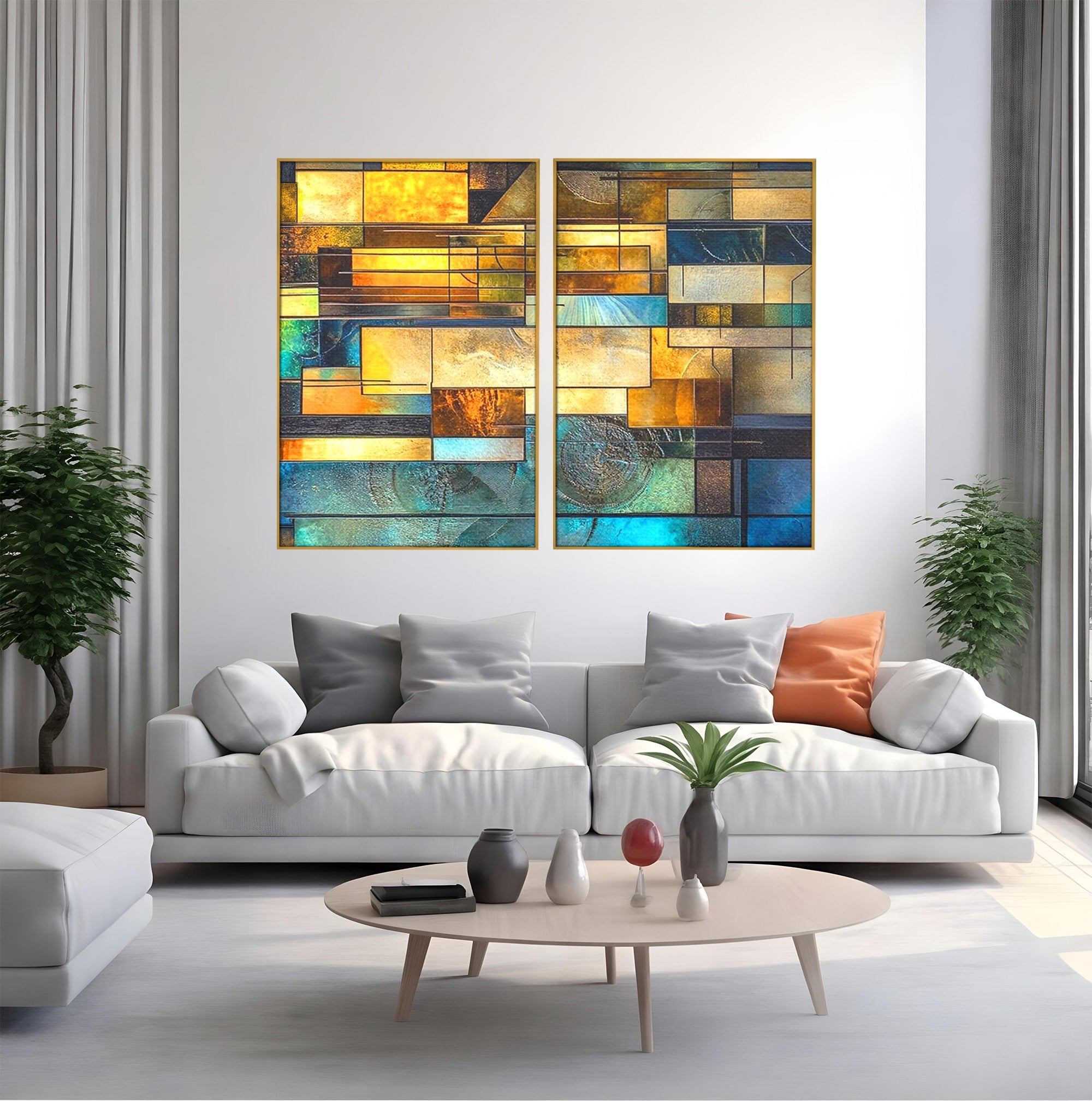 Set 2 Tablouri Canvas Premium LuxCanva® C2-1288, Orase Nevazute, Geometrie, Culori, Abstract, Aur, Turcoaz, Metal, Apa, Memorii, Liniste, Planuri, Timp, Harti, Fragment, Orizont, Birou, Living, Dormitor