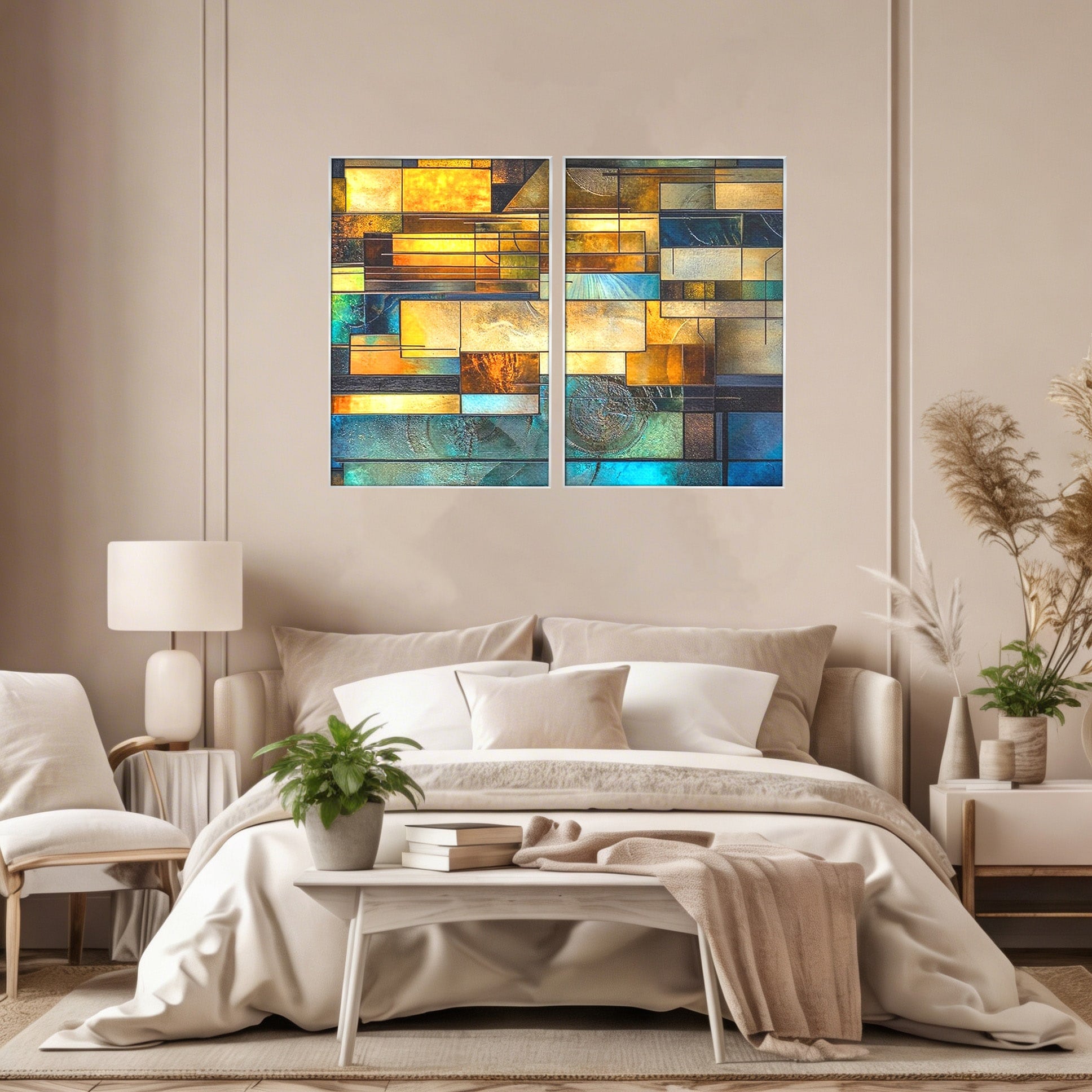 Set 2 Tablouri Canvas Premium LuxCanva® C2-1288, Orase Nevazute, Geometrie, Culori, Abstract, Aur, Turcoaz, Metal, Apa, Memorii, Liniste, Planuri, Timp, Harti, Fragment, Orizont, Birou, Living, Dormitor