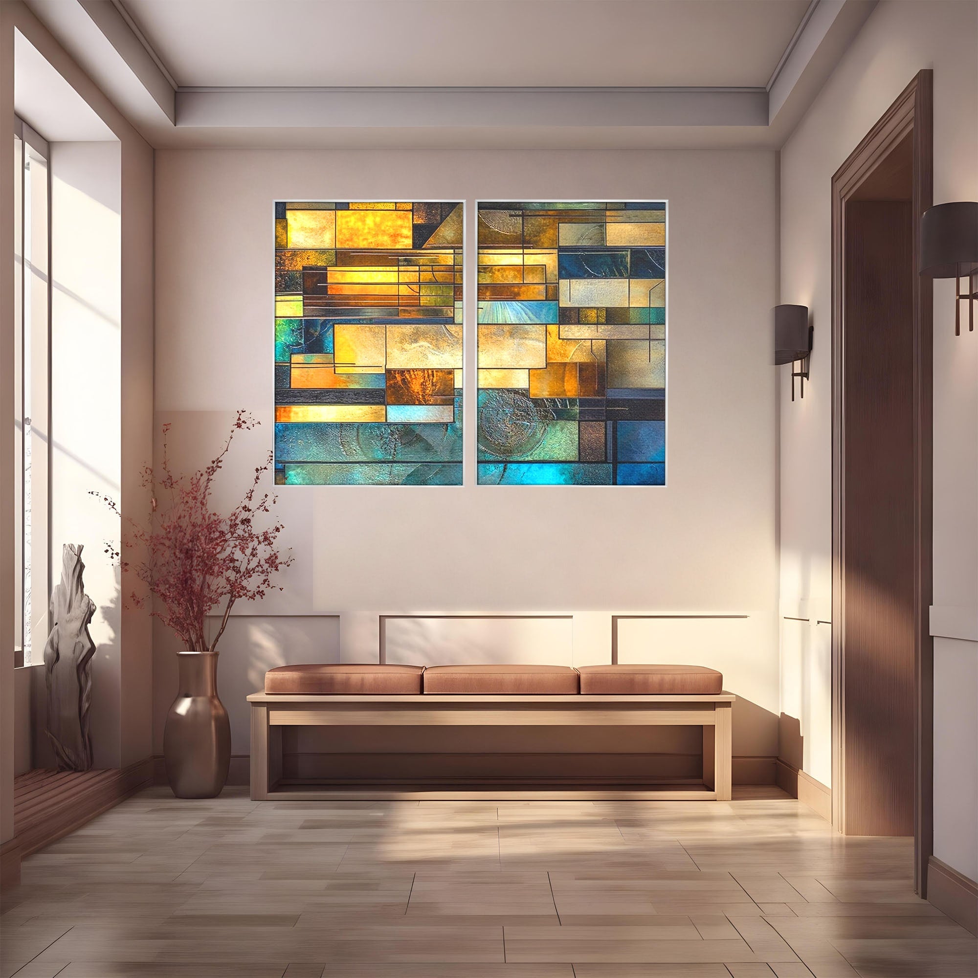 Set 2 Tablouri Canvas Premium LuxCanva® C2-1288, Orase Nevazute, Geometrie, Culori, Abstract, Aur, Turcoaz, Metal, Apa, Memorii, Liniste, Planuri, Timp, Harti, Fragment, Orizont, Birou, Living, Dormitor