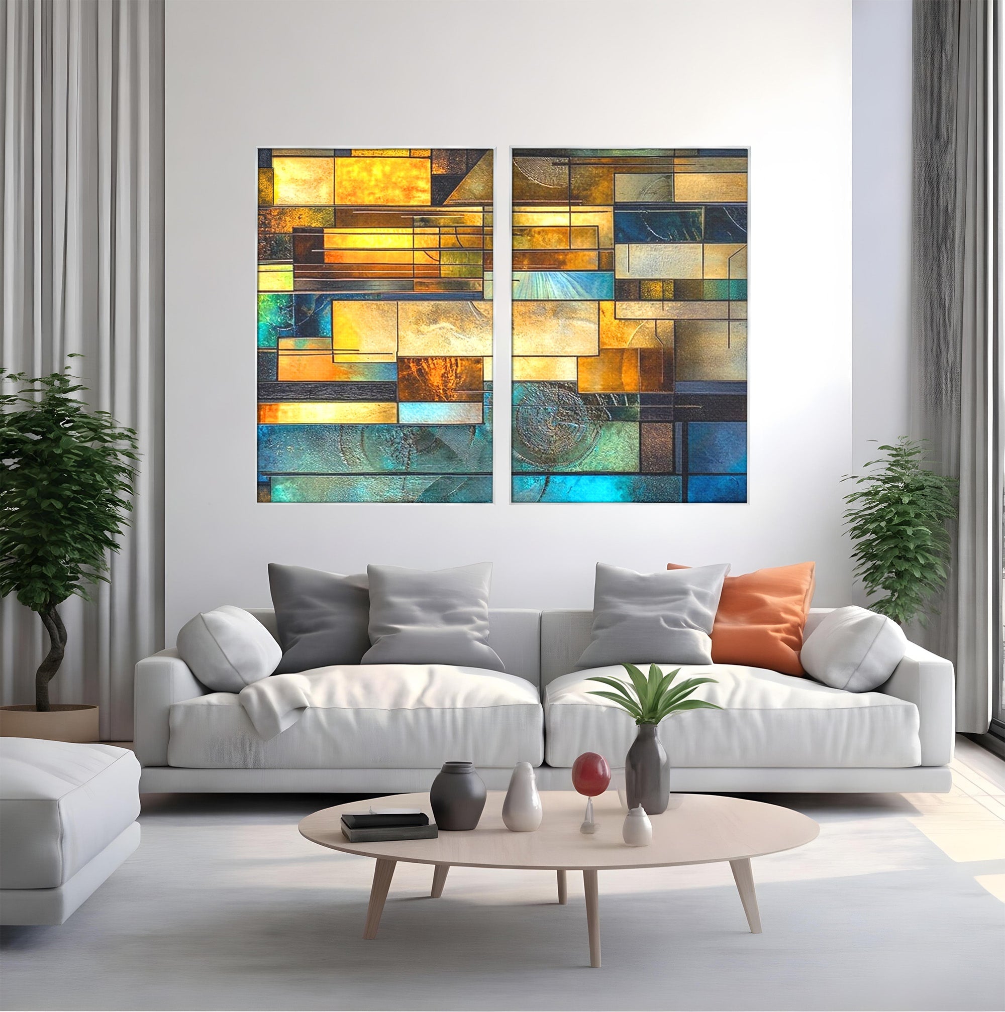 Set 2 Tablouri Canvas Premium LuxCanva® C2-1288, Orase Nevazute, Geometrie, Culori, Abstract, Aur, Turcoaz, Metal, Apa, Memorii, Liniste, Planuri, Timp, Harti, Fragment, Orizont, Birou, Living, Dormitor