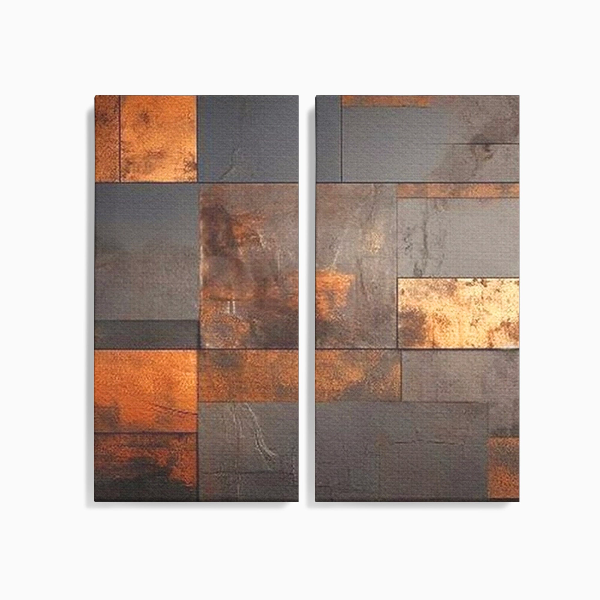 Set 2 Tablouri Canvas Premium LuxCanva® C2-1289, Memoria ruginii, Geometrie, Culori, Abstract, Aur, Industrial, Cupru, Metal, Fier, Zid, Cladire, Ruginiu, Forta, Fortareata, Lumina, Birou, Living, Dormitor