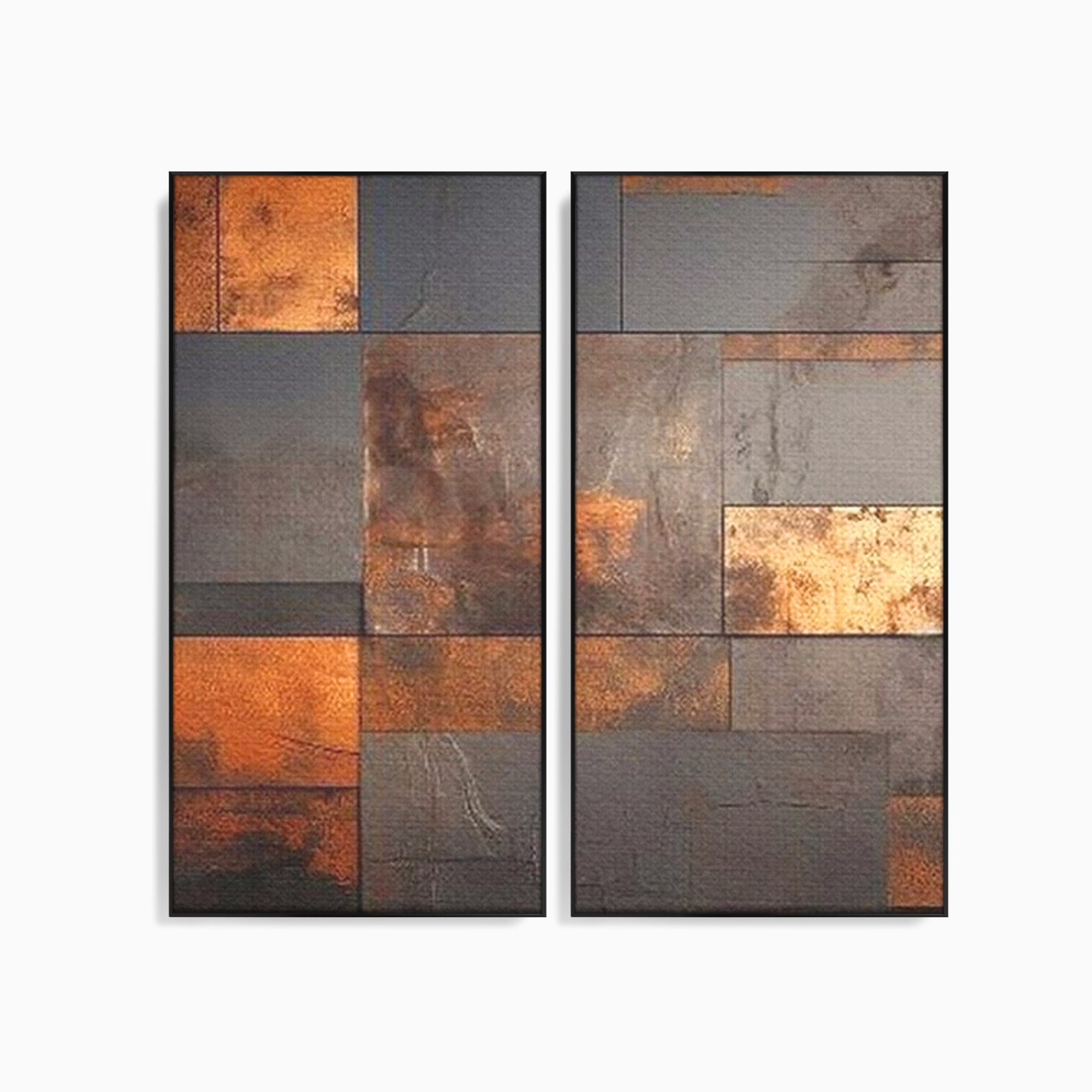 Set 2 Tablouri Canvas Premium LuxCanva® C2-1289, Memoria ruginii, Geometrie, Culori, Abstract, Aur, Industrial, Cupru, Metal, Fier, Zid, Cladire, Ruginiu, Forta, Fortareata, Lumina, Birou, Living, Dormitor