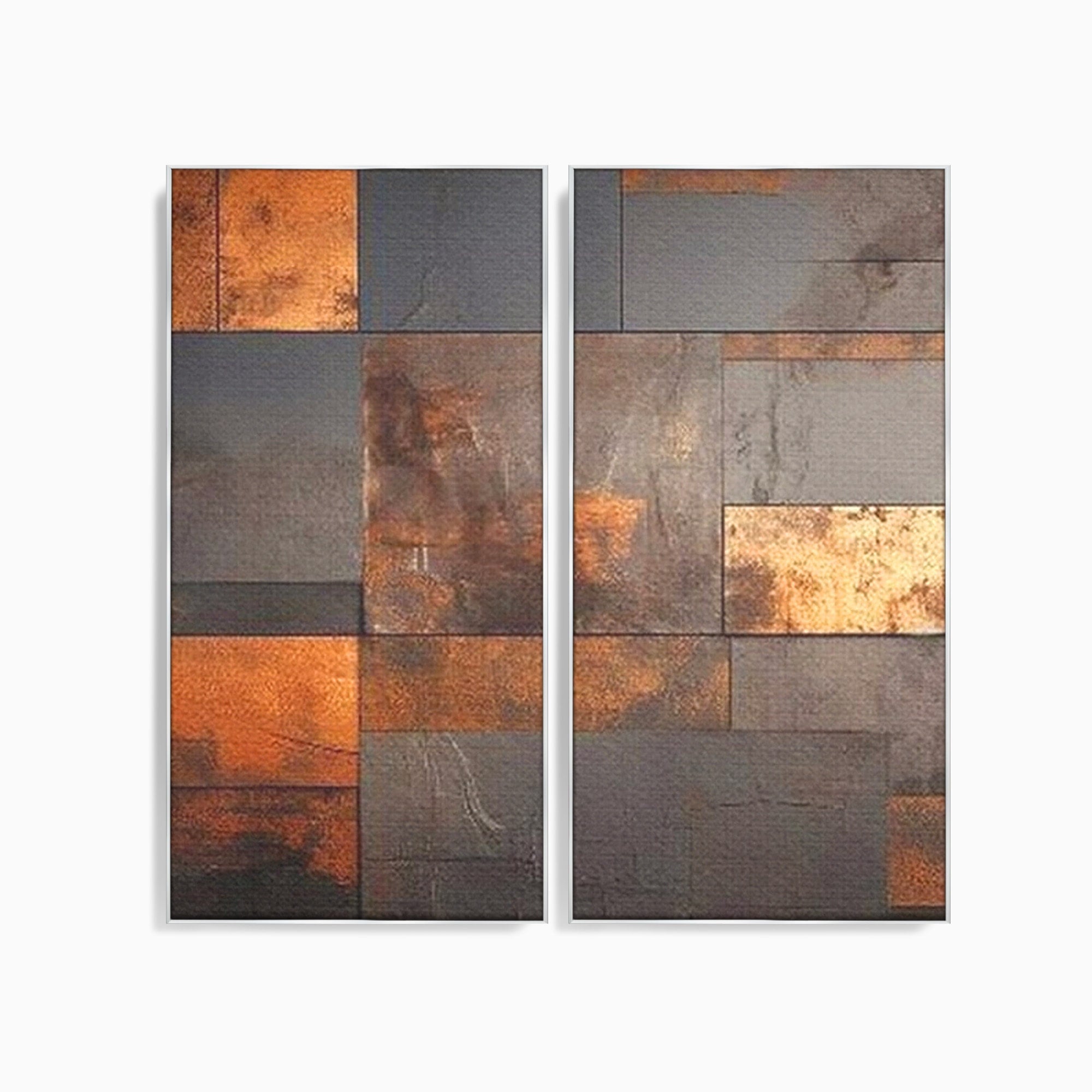 Set 2 Tablouri Canvas Premium LuxCanva® C2-1289, Memoria ruginii, Geometrie, Culori, Abstract, Aur, Industrial, Cupru, Metal, Fier, Zid, Cladire, Ruginiu, Forta, Fortareata, Lumina, Birou, Living, Dormitor