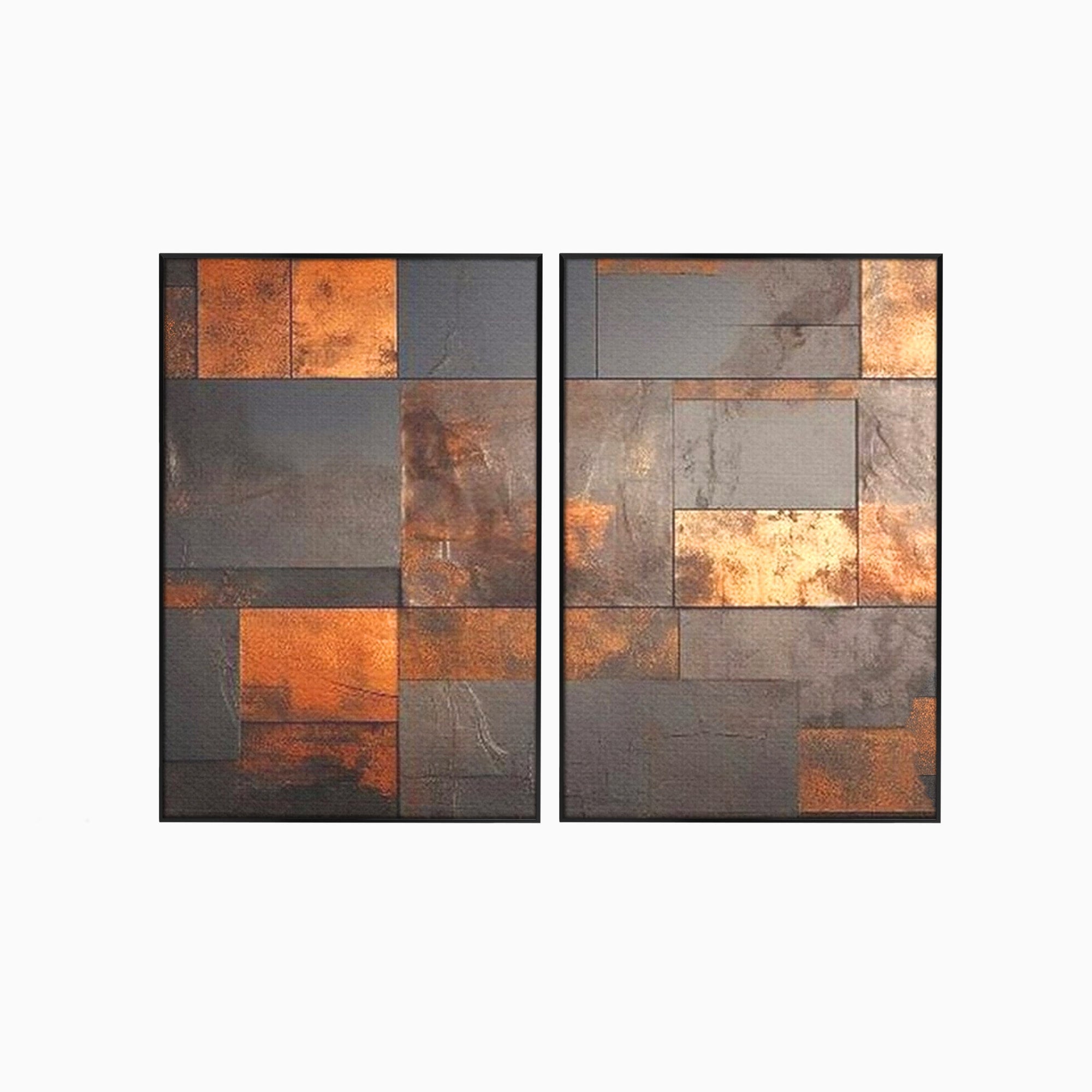 Set 2 Tablouri Canvas Premium LuxCanva® C2-1289, Memoria ruginii, Geometrie, Culori, Abstract, Aur, Industrial, Cupru, Metal, Fier, Zid, Cladire, Ruginiu, Forta, Fortareata, Lumina, Birou, Living, Dormitor