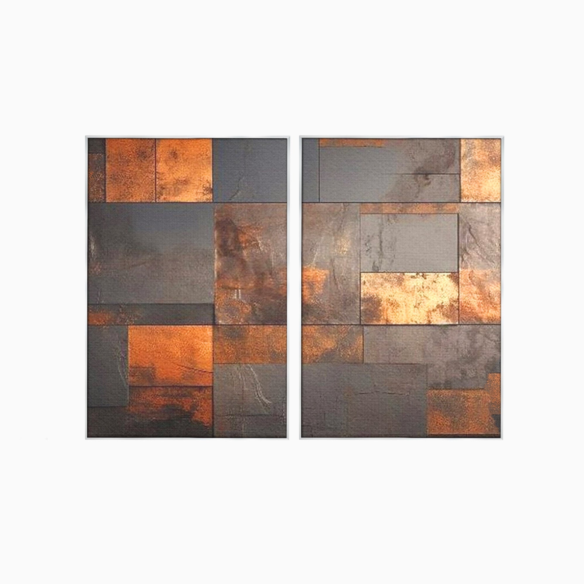 Set 2 Tablouri Canvas Premium LuxCanva® C2-1289, Memoria ruginii, Geometrie, Culori, Abstract, Aur, Industrial, Cupru, Metal, Fier, Zid, Cladire, Ruginiu, Forta, Fortareata, Lumina, Birou, Living, Dormitor