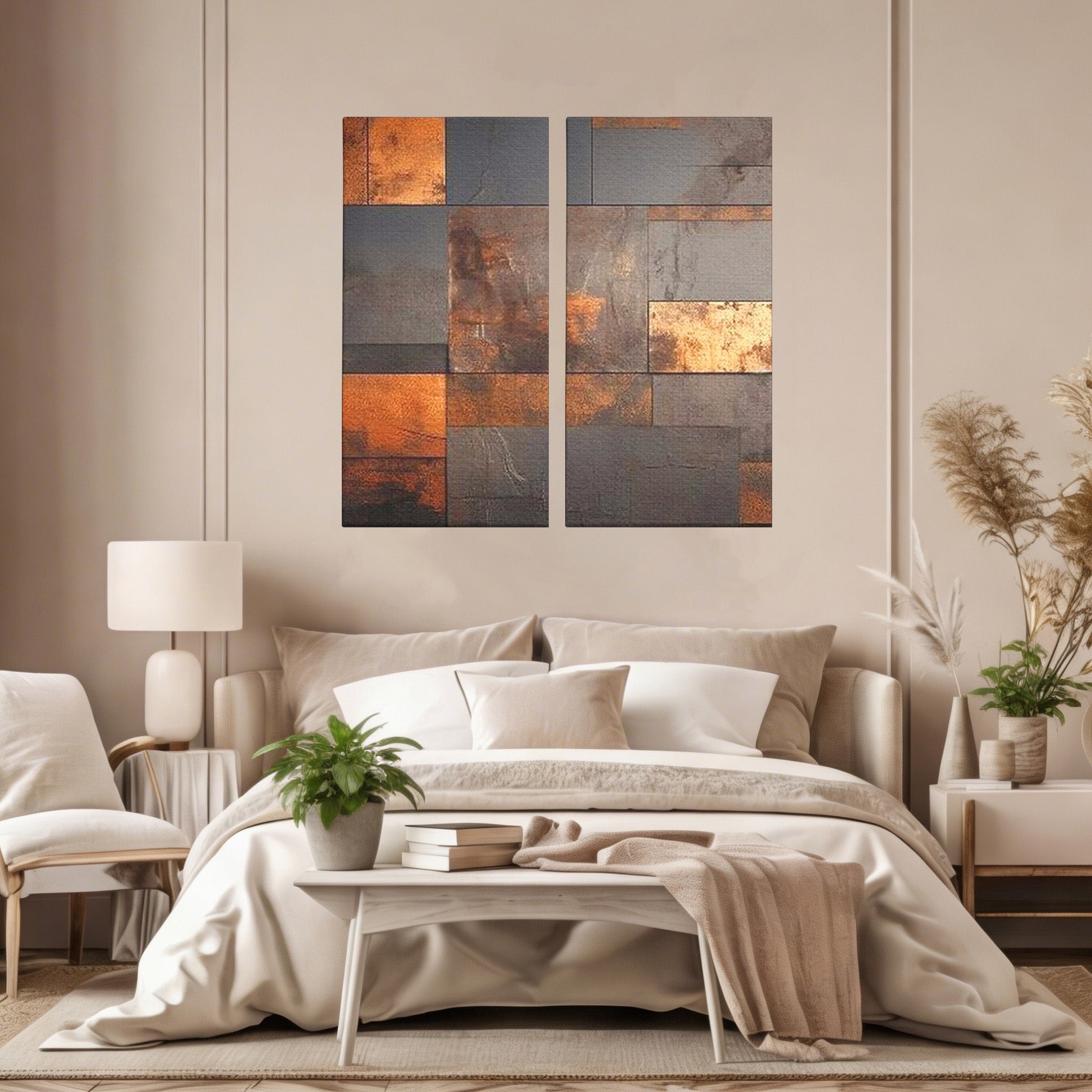 Set 2 Tablouri Canvas Premium LuxCanva® C2-1289, Memoria ruginii, Geometrie, Culori, Abstract, Aur, Industrial, Cupru, Metal, Fier, Zid, Cladire, Ruginiu, Forta, Fortareata, Lumina, Birou, Living, Dormitor