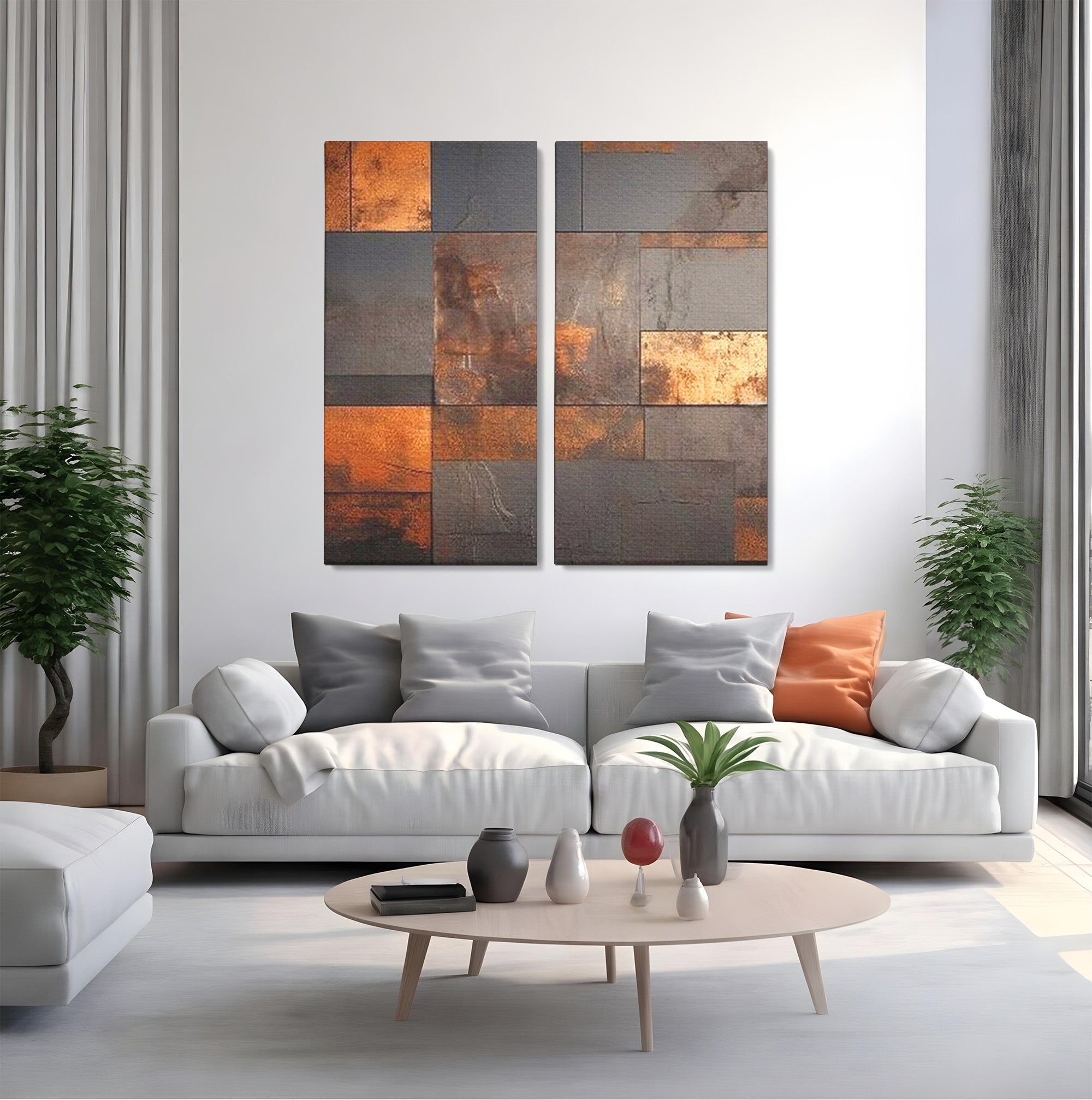Set 2 Tablouri Canvas Premium LuxCanva® C2-1289, Memoria ruginii, Geometrie, Culori, Abstract, Aur, Industrial, Cupru, Metal, Fier, Zid, Cladire, Ruginiu, Forta, Fortareata, Lumina, Birou, Living, Dormitor