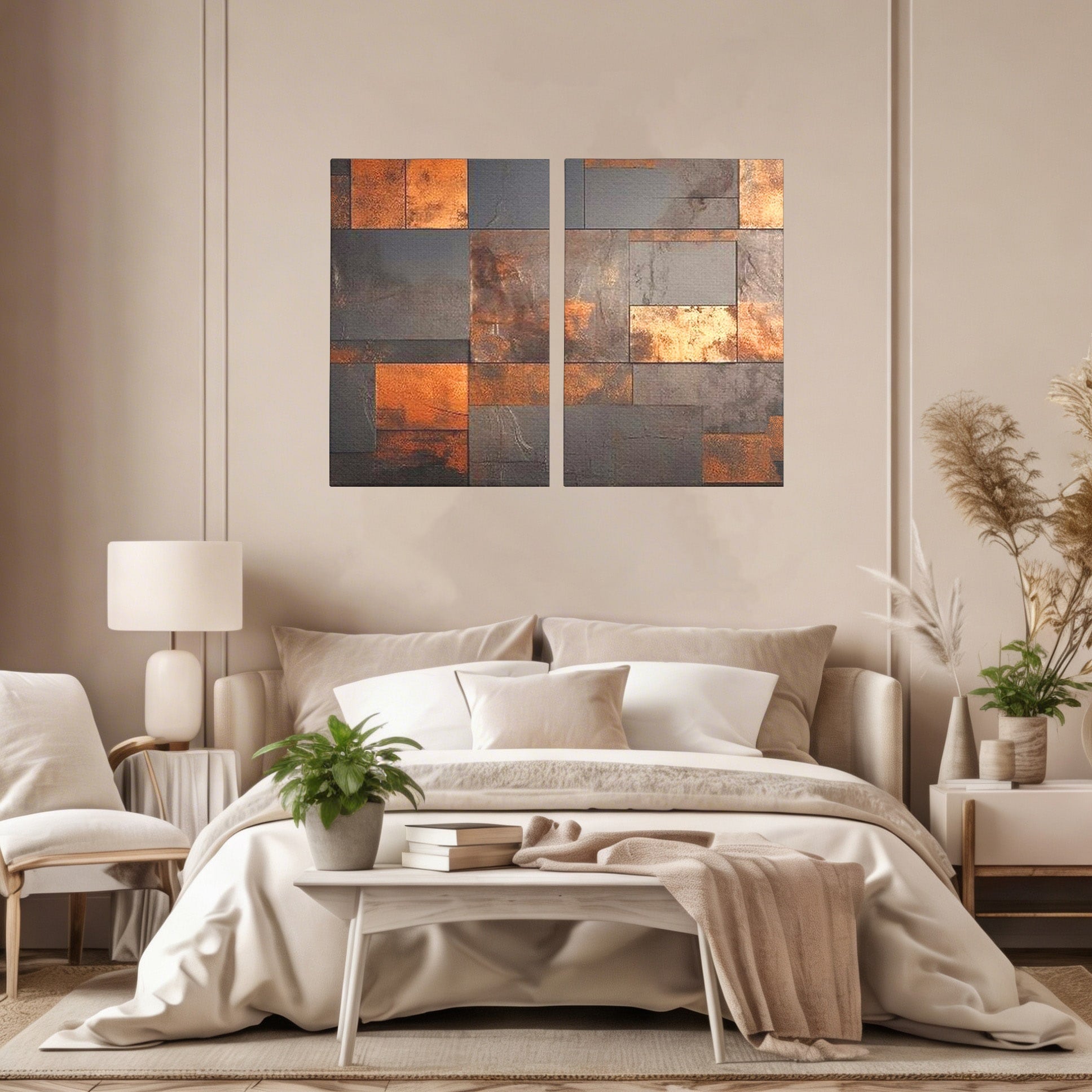 Set 2 Tablouri Canvas Premium LuxCanva® C2-1289, Memoria ruginii, Geometrie, Culori, Abstract, Aur, Industrial, Cupru, Metal, Fier, Zid, Cladire, Ruginiu, Forta, Fortareata, Lumina, Birou, Living, Dormitor