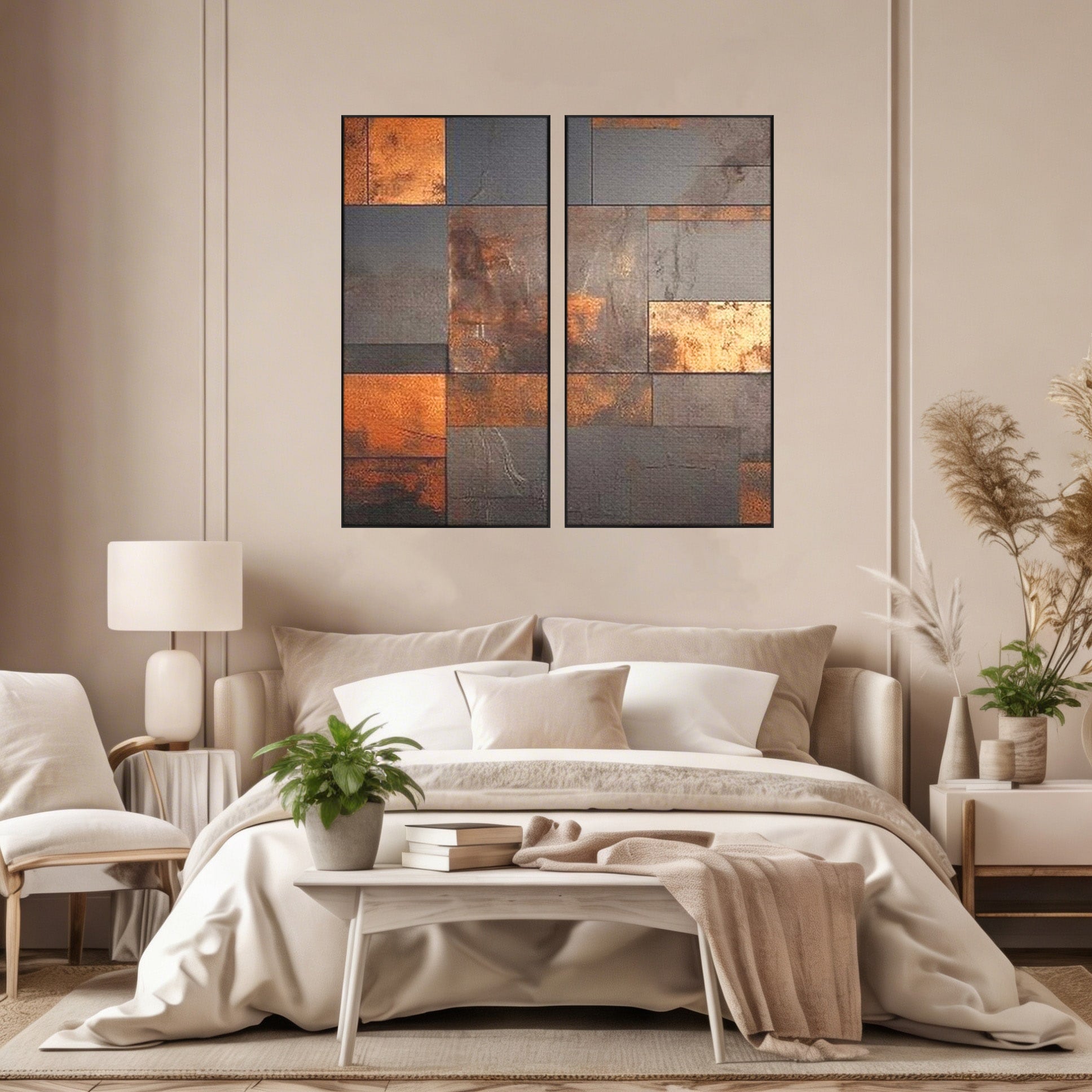 Set 2 Tablouri Canvas Premium LuxCanva® C2-1289, Memoria ruginii, Geometrie, Culori, Abstract, Aur, Industrial, Cupru, Metal, Fier, Zid, Cladire, Ruginiu, Forta, Fortareata, Lumina, Birou, Living, Dormitor