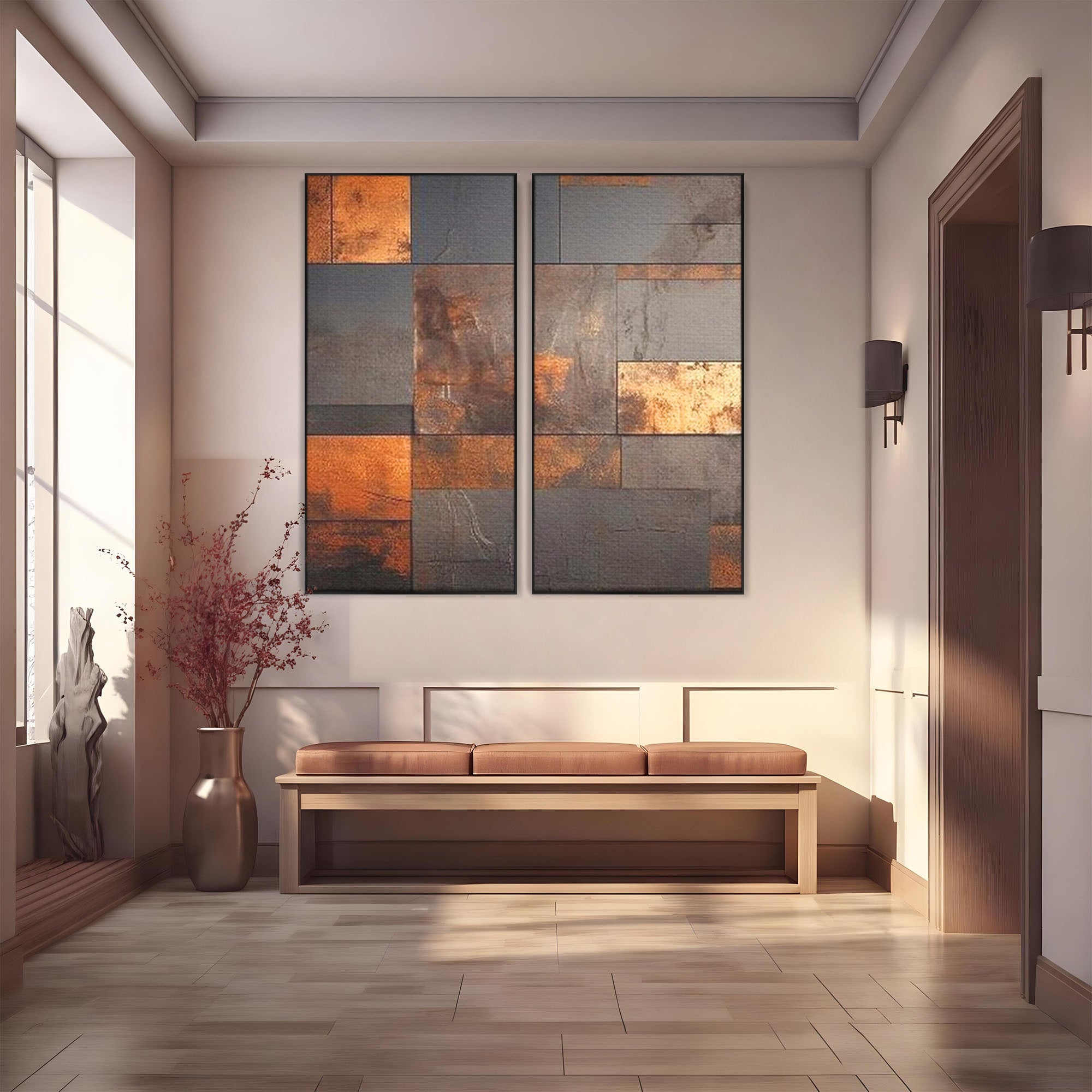 Set 2 Tablouri Canvas Premium LuxCanva® C2-1289, Memoria ruginii, Geometrie, Culori, Abstract, Aur, Industrial, Cupru, Metal, Fier, Zid, Cladire, Ruginiu, Forta, Fortareata, Lumina, Birou, Living, Dormitor