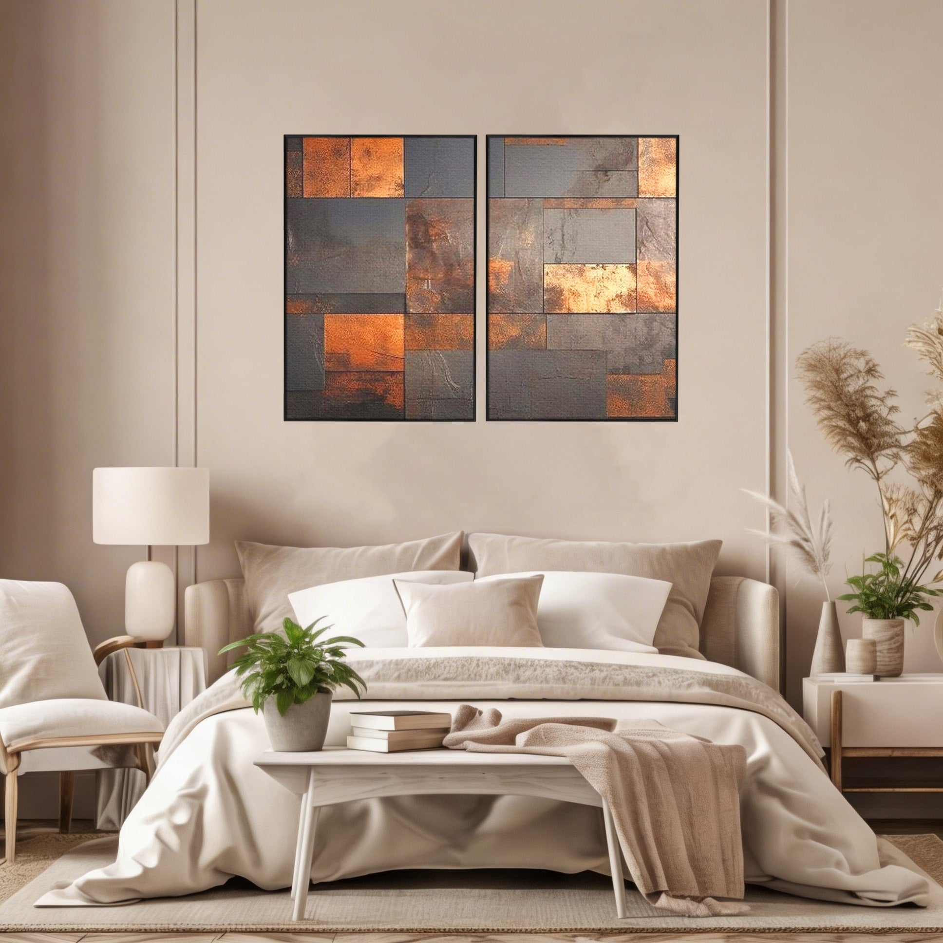 Set 2 Tablouri Canvas Premium LuxCanva® C2-1289, Memoria ruginii, Geometrie, Culori, Abstract, Aur, Industrial, Cupru, Metal, Fier, Zid, Cladire, Ruginiu, Forta, Fortareata, Lumina, Birou, Living, Dormitor