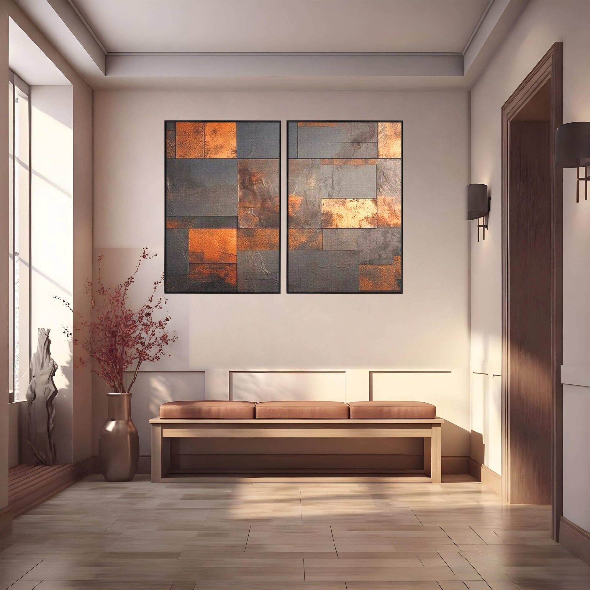 Set 2 Tablouri Canvas Premium LuxCanva® C2-1289, Memoria ruginii, Geometrie, Culori, Abstract, Aur, Industrial, Cupru, Metal, Fier, Zid, Cladire, Ruginiu, Forta, Fortareata, Lumina, Birou, Living, Dormitor