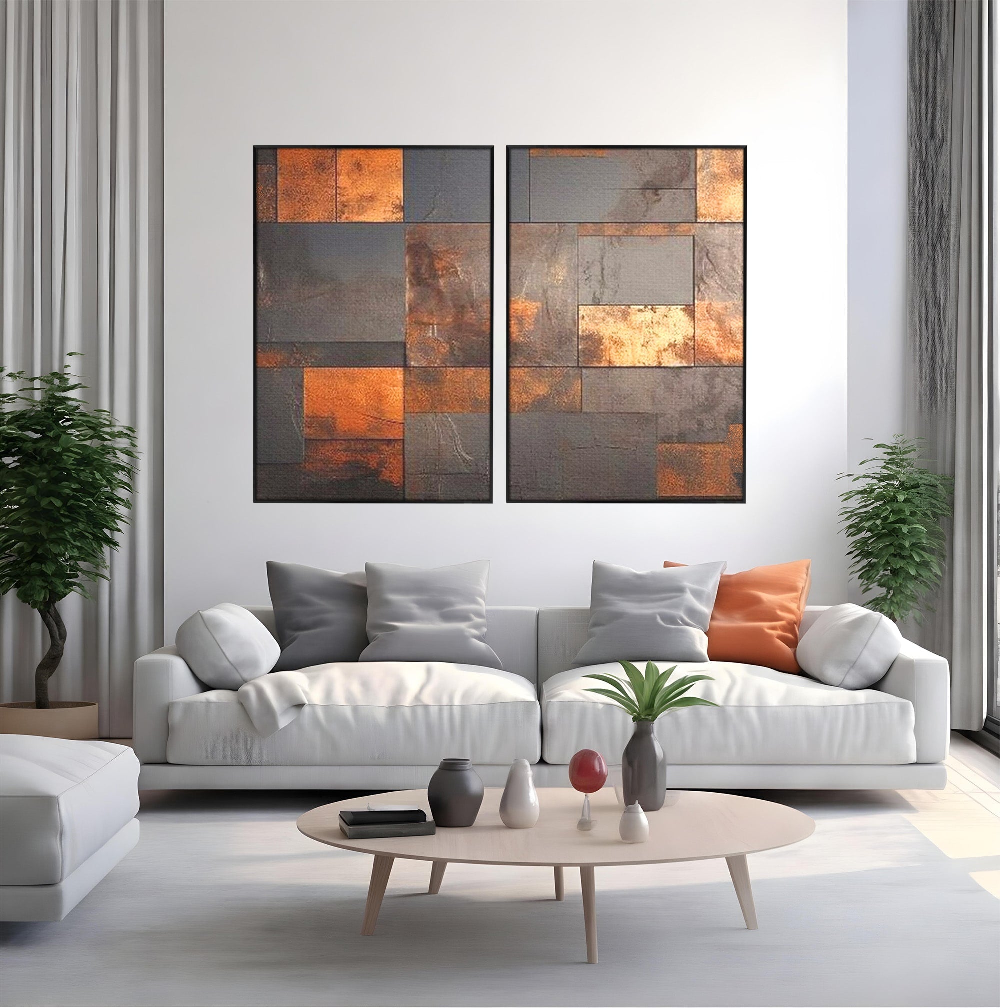 Set 2 Tablouri Canvas Premium LuxCanva® C2-1289, Memoria ruginii, Geometrie, Culori, Abstract, Aur, Industrial, Cupru, Metal, Fier, Zid, Cladire, Ruginiu, Forta, Fortareata, Lumina, Birou, Living, Dormitor