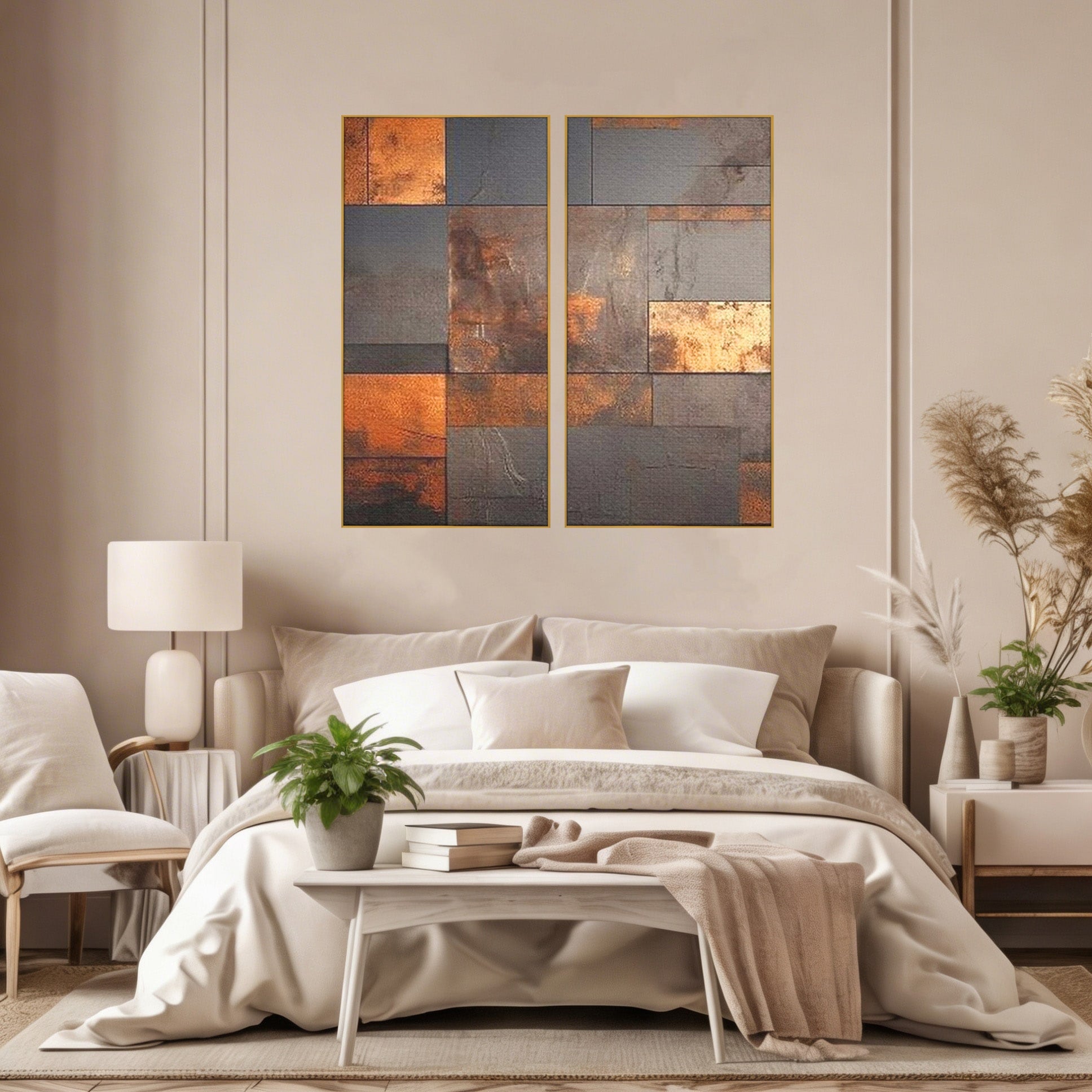Set 2 Tablouri Canvas Premium LuxCanva® C2-1289, Memoria ruginii, Geometrie, Culori, Abstract, Aur, Industrial, Cupru, Metal, Fier, Zid, Cladire, Ruginiu, Forta, Fortareata, Lumina, Birou, Living, Dormitor