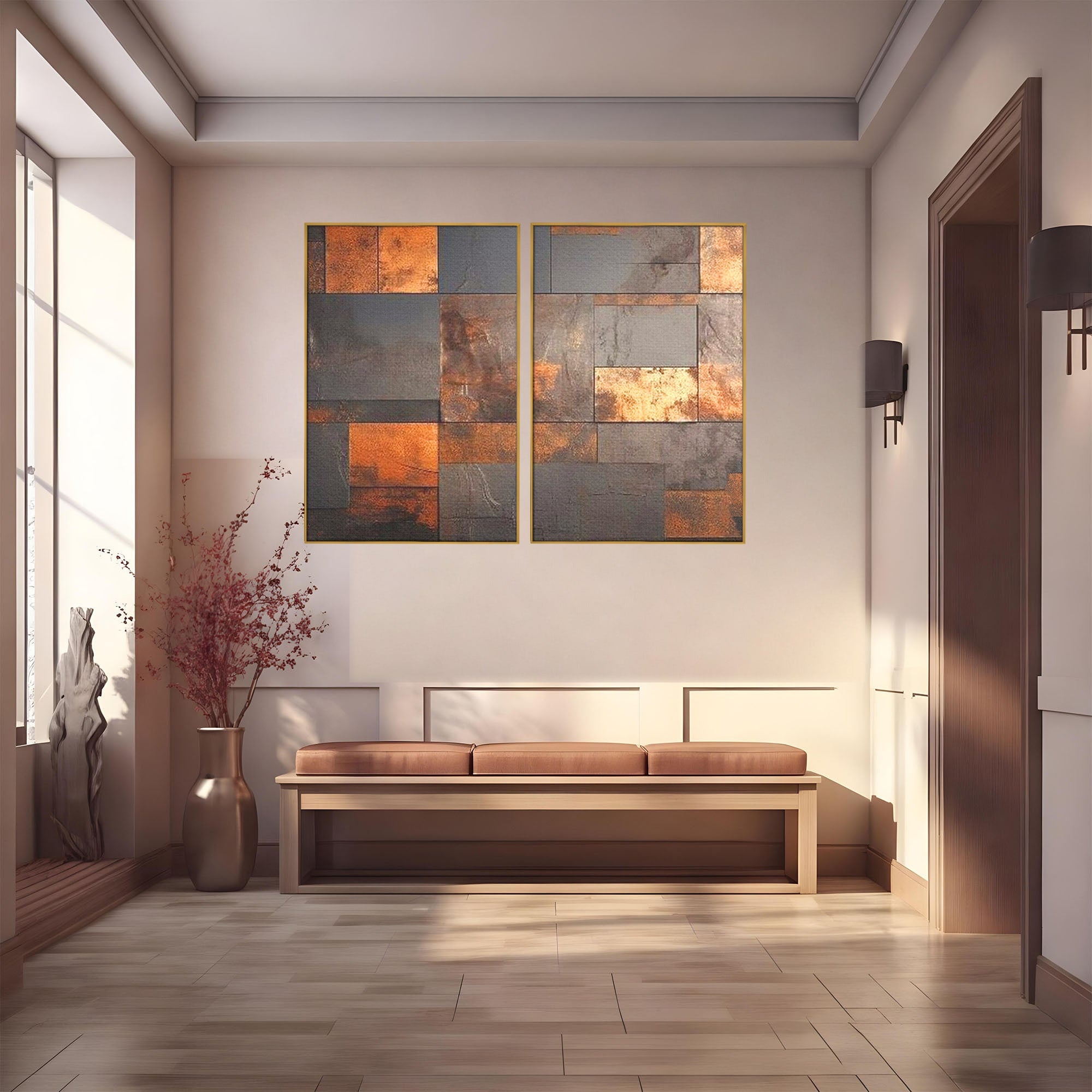 Set 2 Tablouri Canvas Premium LuxCanva® C2-1289, Memoria ruginii, Geometrie, Culori, Abstract, Aur, Industrial, Cupru, Metal, Fier, Zid, Cladire, Ruginiu, Forta, Fortareata, Lumina, Birou, Living, Dormitor