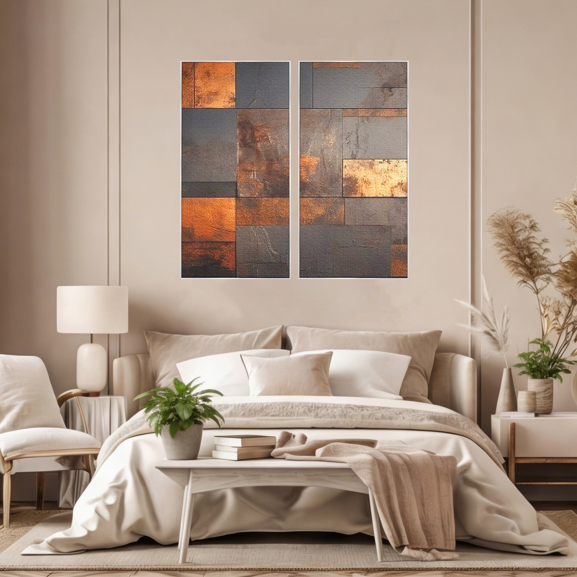 Set 2 Tablouri Canvas Premium LuxCanva® C2-1289, Memoria ruginii, Geometrie, Culori, Abstract, Aur, Industrial, Cupru, Metal, Fier, Zid, Cladire, Ruginiu, Forta, Fortareata, Lumina, Birou, Living, Dormitor