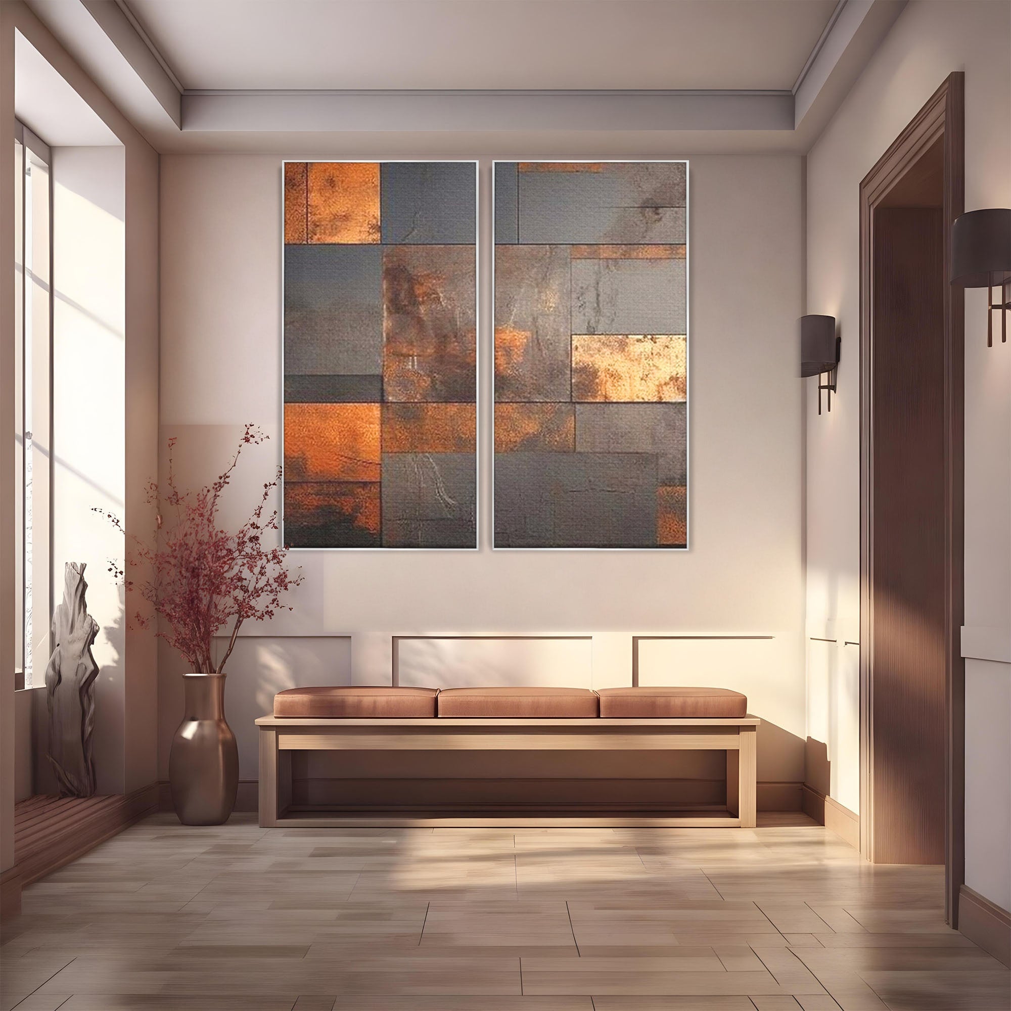 Set 2 Tablouri Canvas Premium LuxCanva® C2-1289, Memoria ruginii, Geometrie, Culori, Abstract, Aur, Industrial, Cupru, Metal, Fier, Zid, Cladire, Ruginiu, Forta, Fortareata, Lumina, Birou, Living, Dormitor