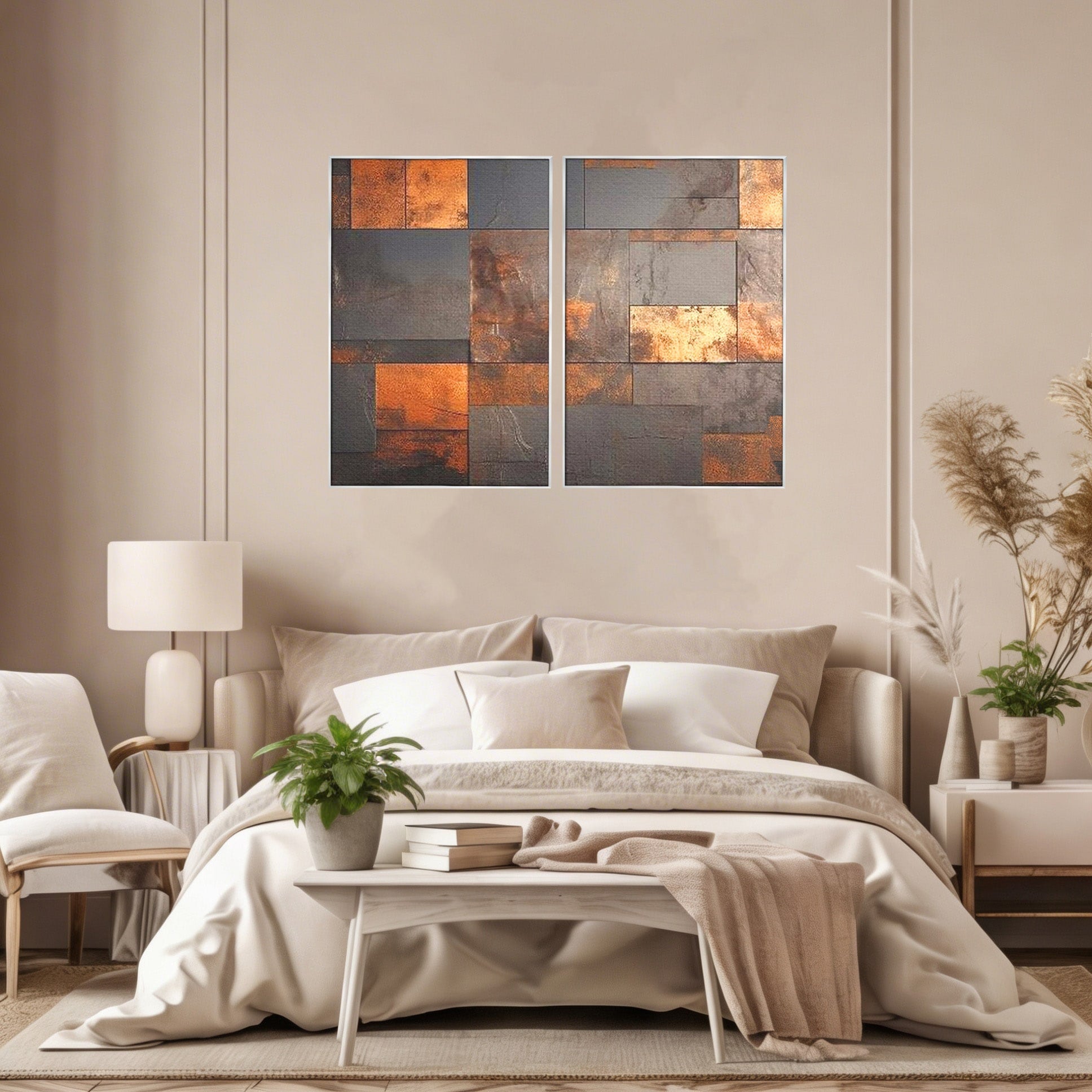 Set 2 Tablouri Canvas Premium LuxCanva® C2-1289, Memoria ruginii, Geometrie, Culori, Abstract, Aur, Industrial, Cupru, Metal, Fier, Zid, Cladire, Ruginiu, Forta, Fortareata, Lumina, Birou, Living, Dormitor
