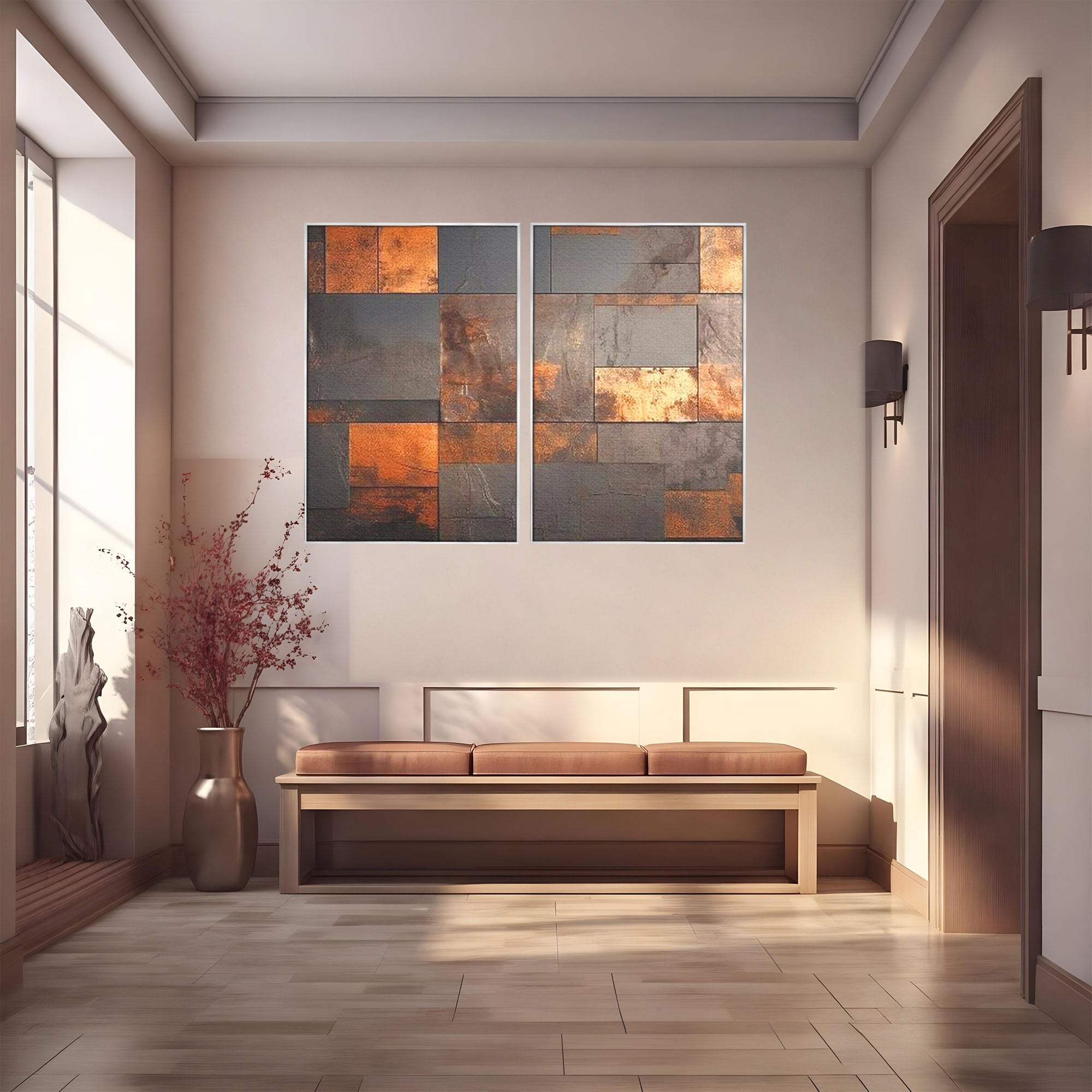 Set 2 Tablouri Canvas Premium LuxCanva® C2-1289, Memoria ruginii, Geometrie, Culori, Abstract, Aur, Industrial, Cupru, Metal, Fier, Zid, Cladire, Ruginiu, Forta, Fortareata, Lumina, Birou, Living, Dormitor