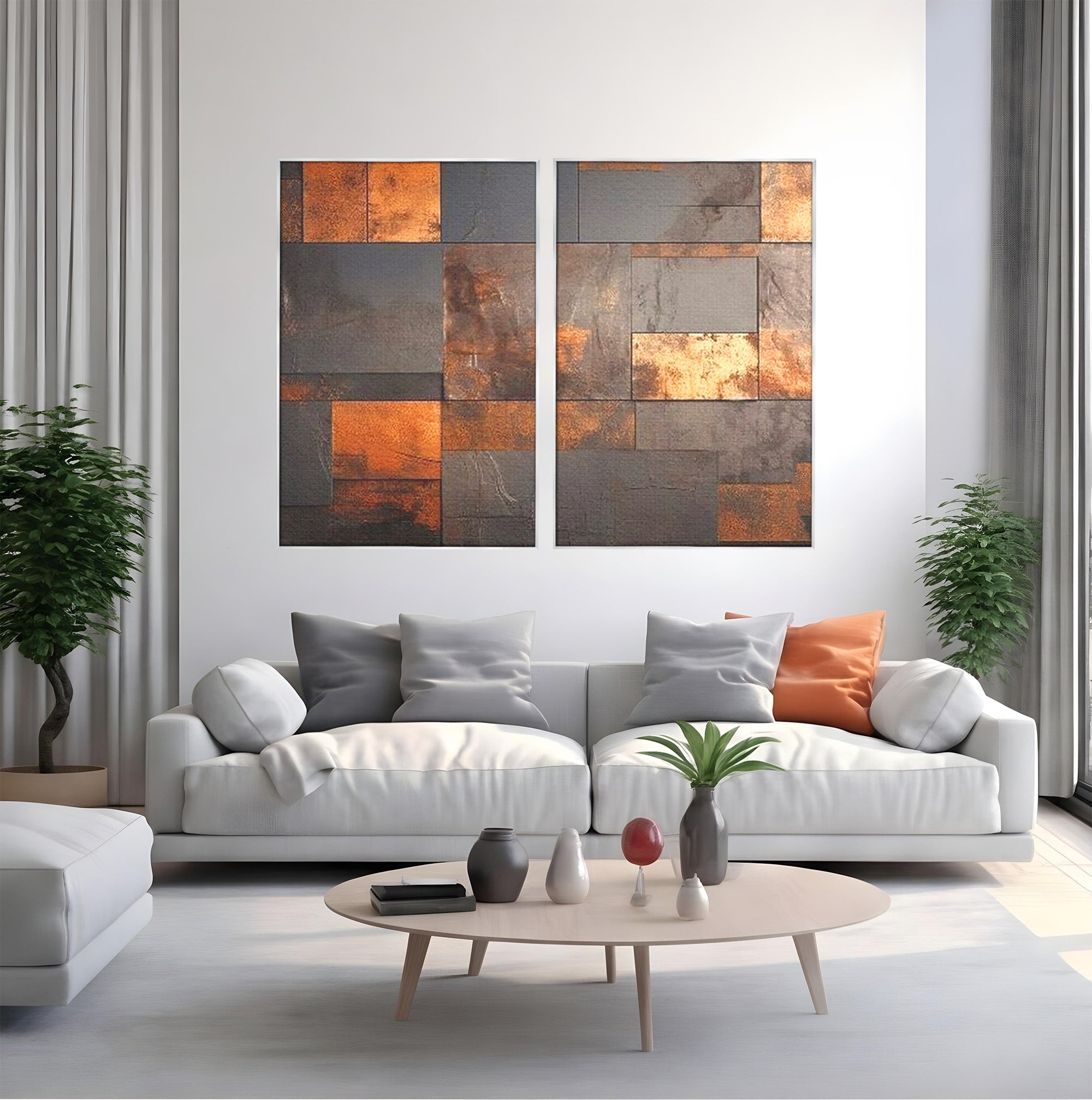 Set 2 Tablouri Canvas Premium LuxCanva® C2-1289, Memoria ruginii, Geometrie, Culori, Abstract, Aur, Industrial, Cupru, Metal, Fier, Zid, Cladire, Ruginiu, Forta, Fortareata, Lumina, Birou, Living, Dormitor