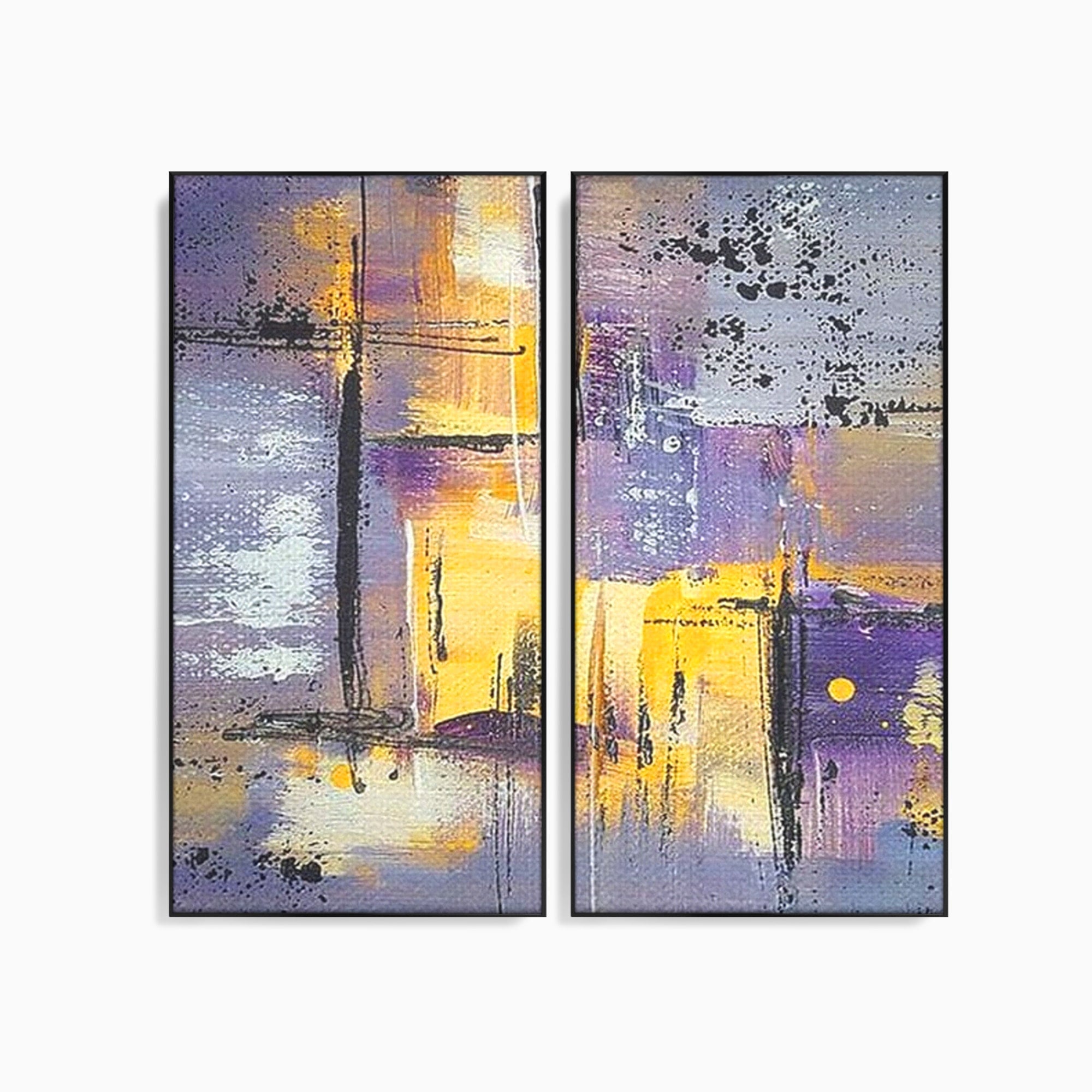 Set 2 Tablouri Canvas Premium LuxCanva® C2-1291, Ecou in lavanda, Geometrie, Culori, Abstract, Aur, Lumina, Fereastra, Tacere, Fragment, Raza, Gri, Poezie, Emotie, Minimalism, Birou, Living, Dormitor