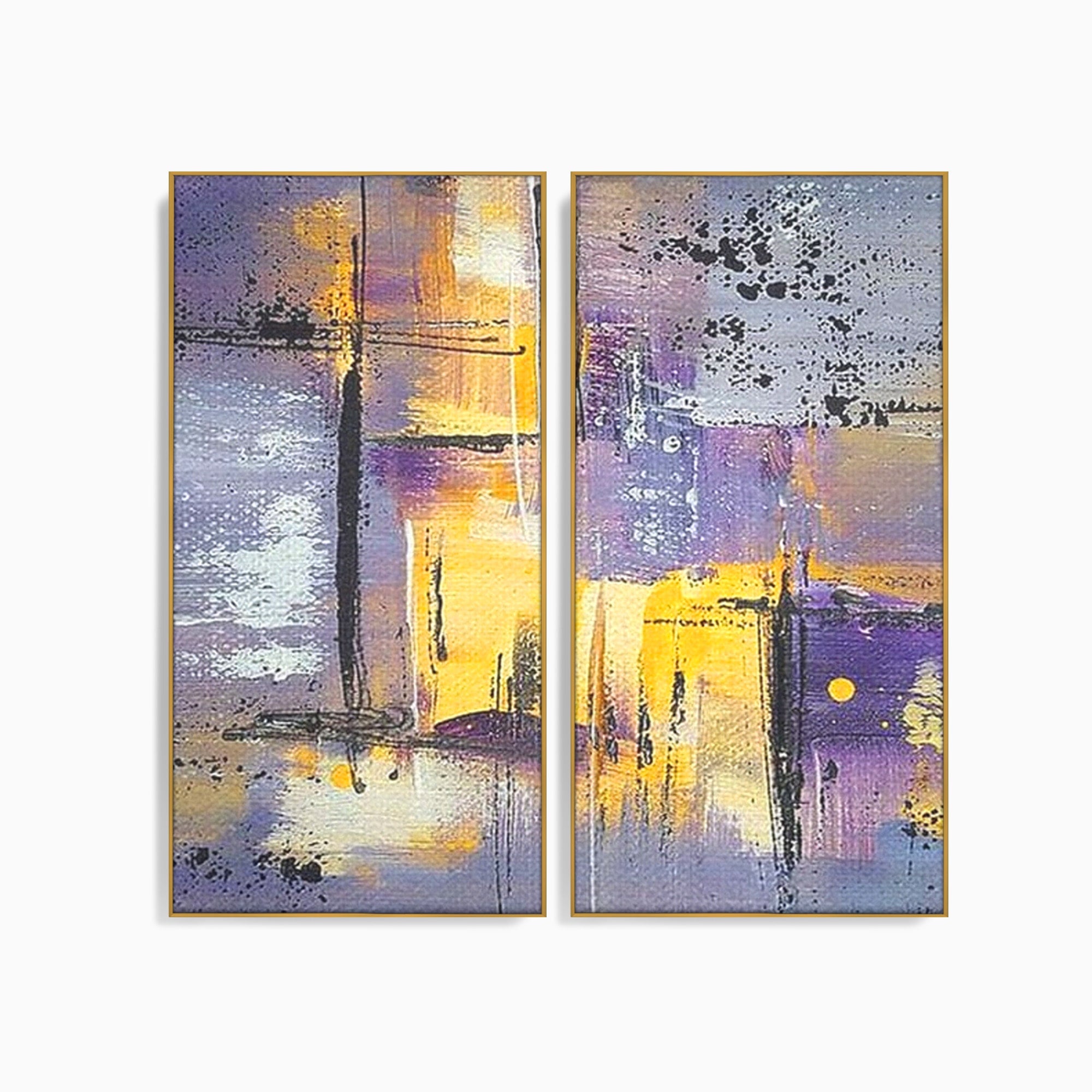 Set 2 Tablouri Canvas Premium LuxCanva® C2-1291, Ecou in lavanda, Geometrie, Culori, Abstract, Aur, Lumina, Fereastra, Tacere, Fragment, Raza, Gri, Poezie, Emotie, Minimalism, Birou, Living, Dormitor