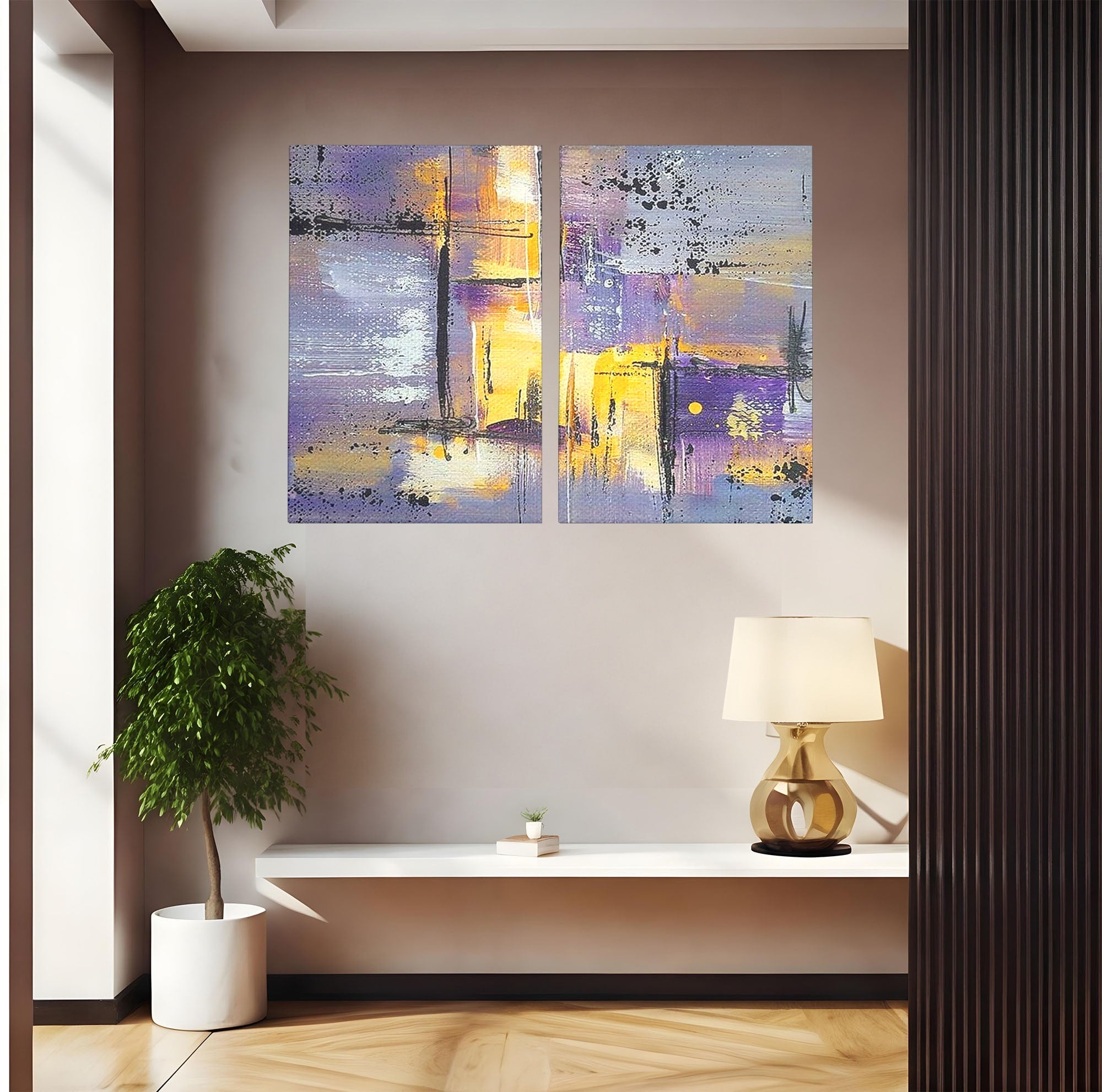 Set 2 Tablouri Canvas Premium LuxCanva® C2-1291, Ecou in lavanda, Geometrie, Culori, Abstract, Aur, Lumina, Fereastra, Tacere, Fragment, Raza, Gri, Poezie, Emotie, Minimalism, Birou, Living, Dormitor
