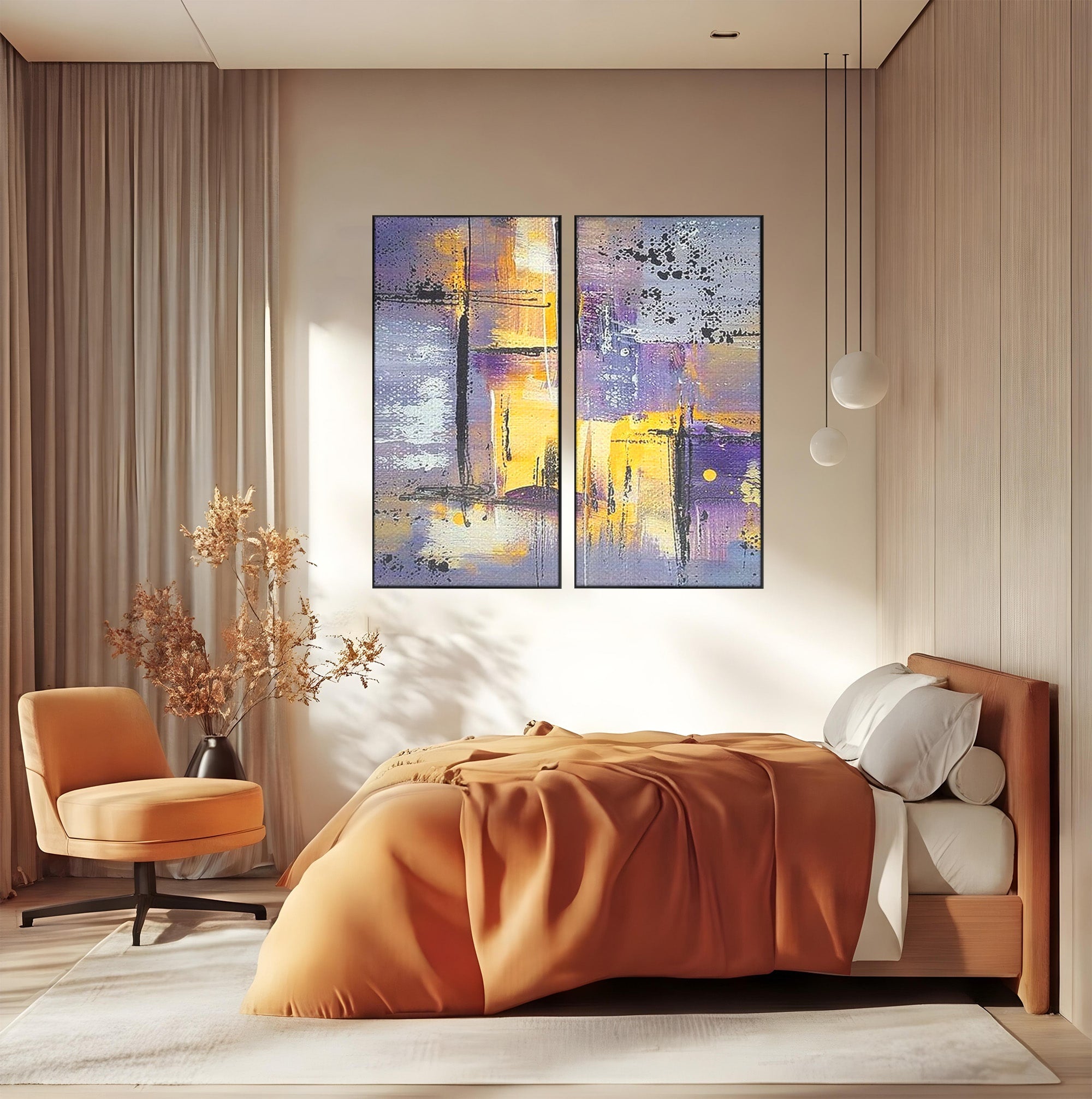 Set 2 Tablouri Canvas Premium LuxCanva® C2-1291, Ecou in lavanda, Geometrie, Culori, Abstract, Aur, Lumina, Fereastra, Tacere, Fragment, Raza, Gri, Poezie, Emotie, Minimalism, Birou, Living, Dormitor