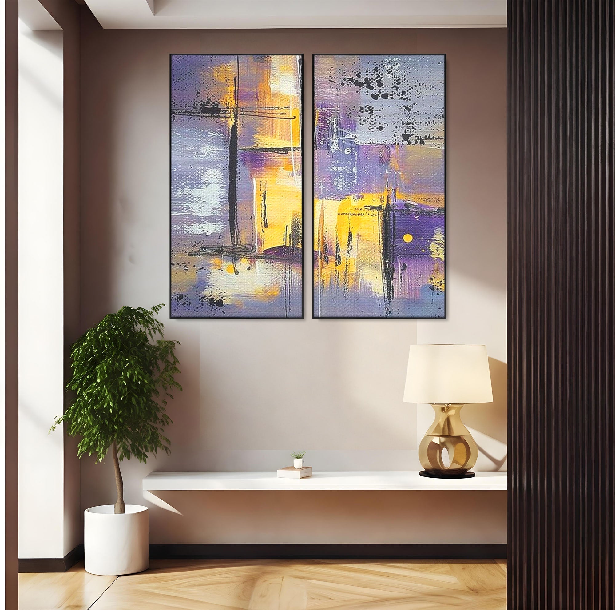Set 2 Tablouri Canvas Premium LuxCanva® C2-1291, Ecou in lavanda, Geometrie, Culori, Abstract, Aur, Lumina, Fereastra, Tacere, Fragment, Raza, Gri, Poezie, Emotie, Minimalism, Birou, Living, Dormitor