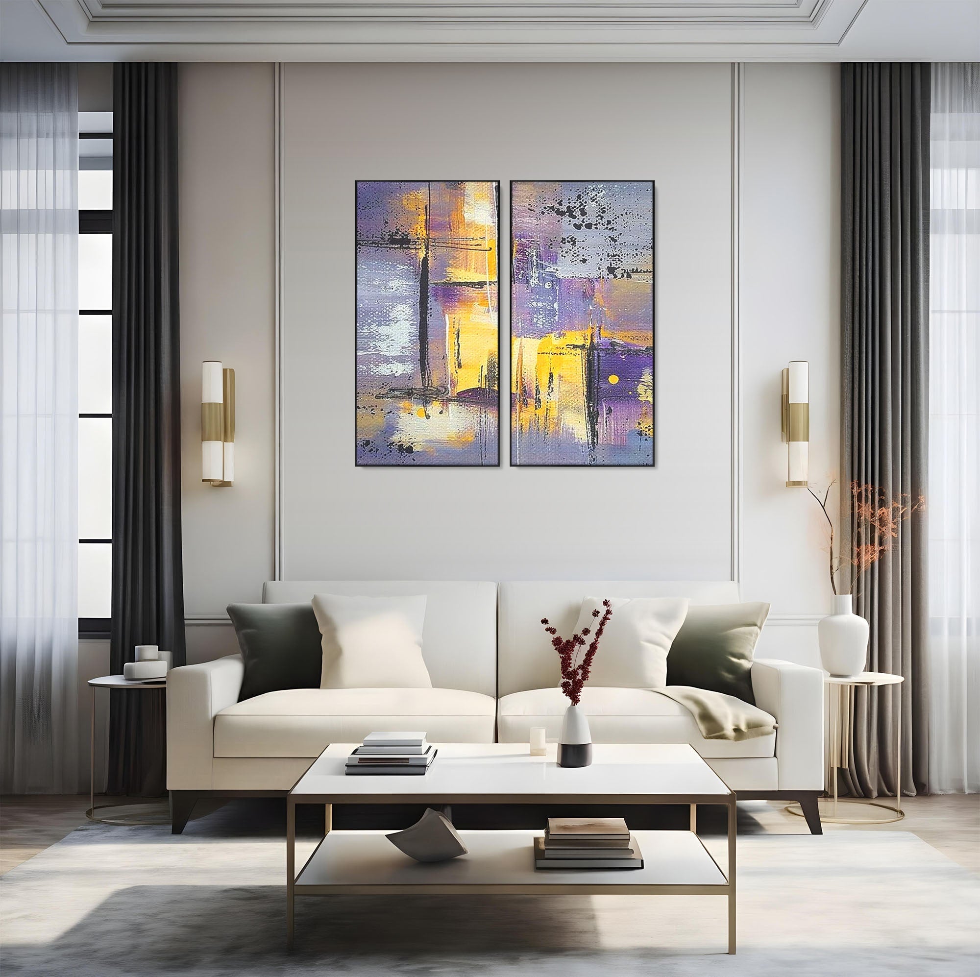 Set 2 Tablouri Canvas Premium LuxCanva® C2-1291, Ecou in lavanda, Geometrie, Culori, Abstract, Aur, Lumina, Fereastra, Tacere, Fragment, Raza, Gri, Poezie, Emotie, Minimalism, Birou, Living, Dormitor
