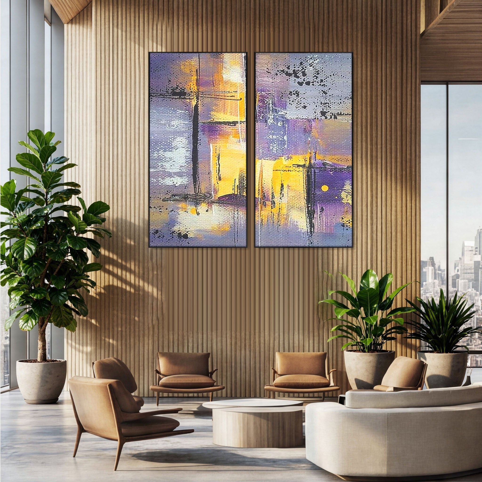 Set 2 Tablouri Canvas Premium LuxCanva® C2-1291, Ecou in lavanda, Geometrie, Culori, Abstract, Aur, Lumina, Fereastra, Tacere, Fragment, Raza, Gri, Poezie, Emotie, Minimalism, Birou, Living, Dormitor