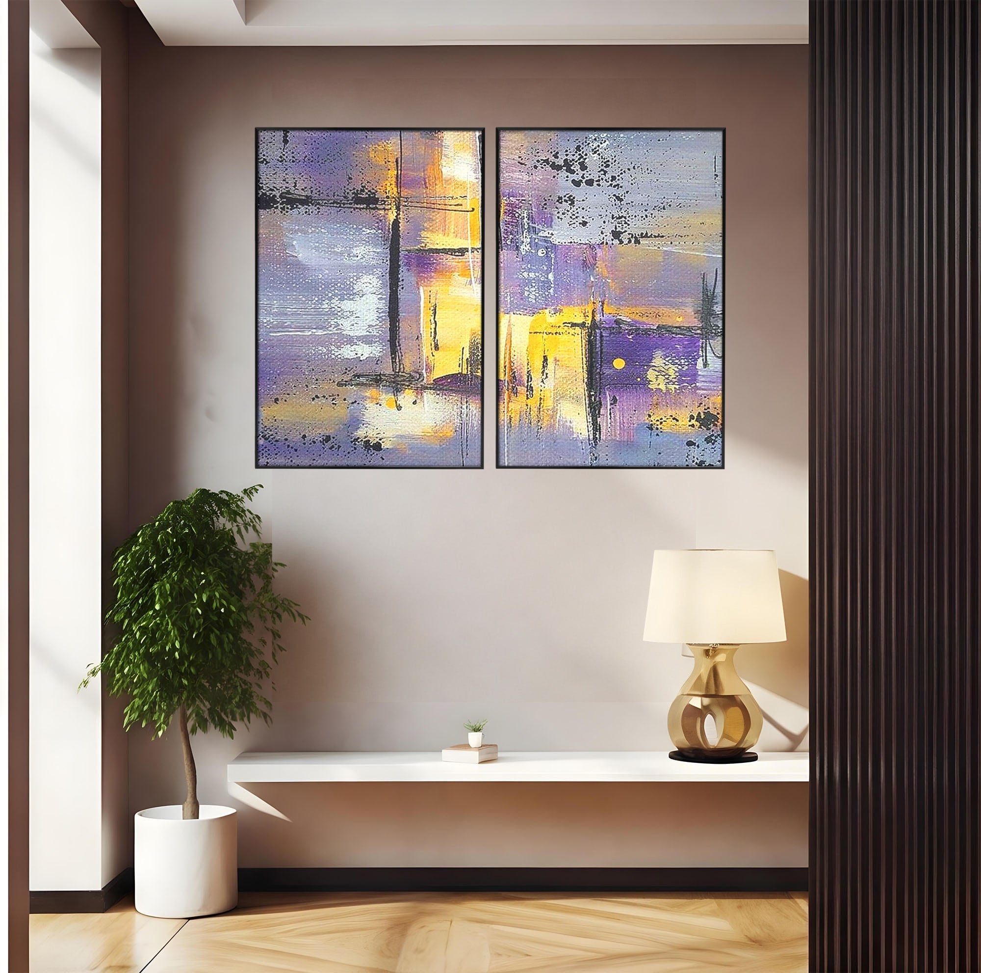 Set 2 Tablouri Canvas Premium LuxCanva® C2-1291, Ecou in lavanda, Geometrie, Culori, Abstract, Aur, Lumina, Fereastra, Tacere, Fragment, Raza, Gri, Poezie, Emotie, Minimalism, Birou, Living, Dormitor