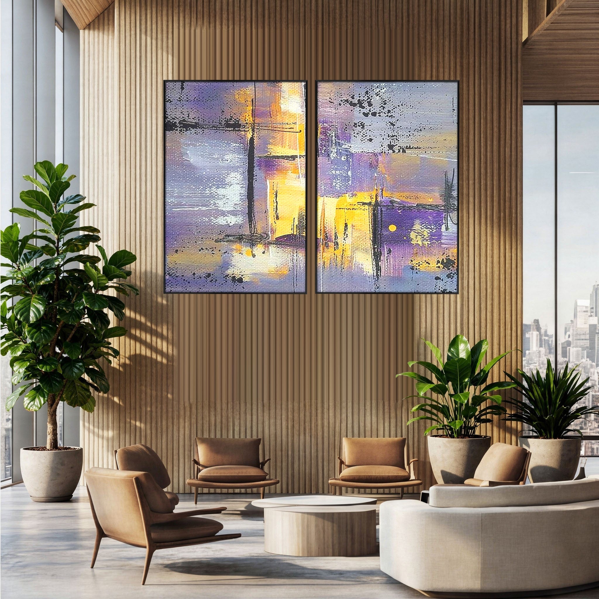 Set 2 Tablouri Canvas Premium LuxCanva® C2-1291, Ecou in lavanda, Geometrie, Culori, Abstract, Aur, Lumina, Fereastra, Tacere, Fragment, Raza, Gri, Poezie, Emotie, Minimalism, Birou, Living, Dormitor