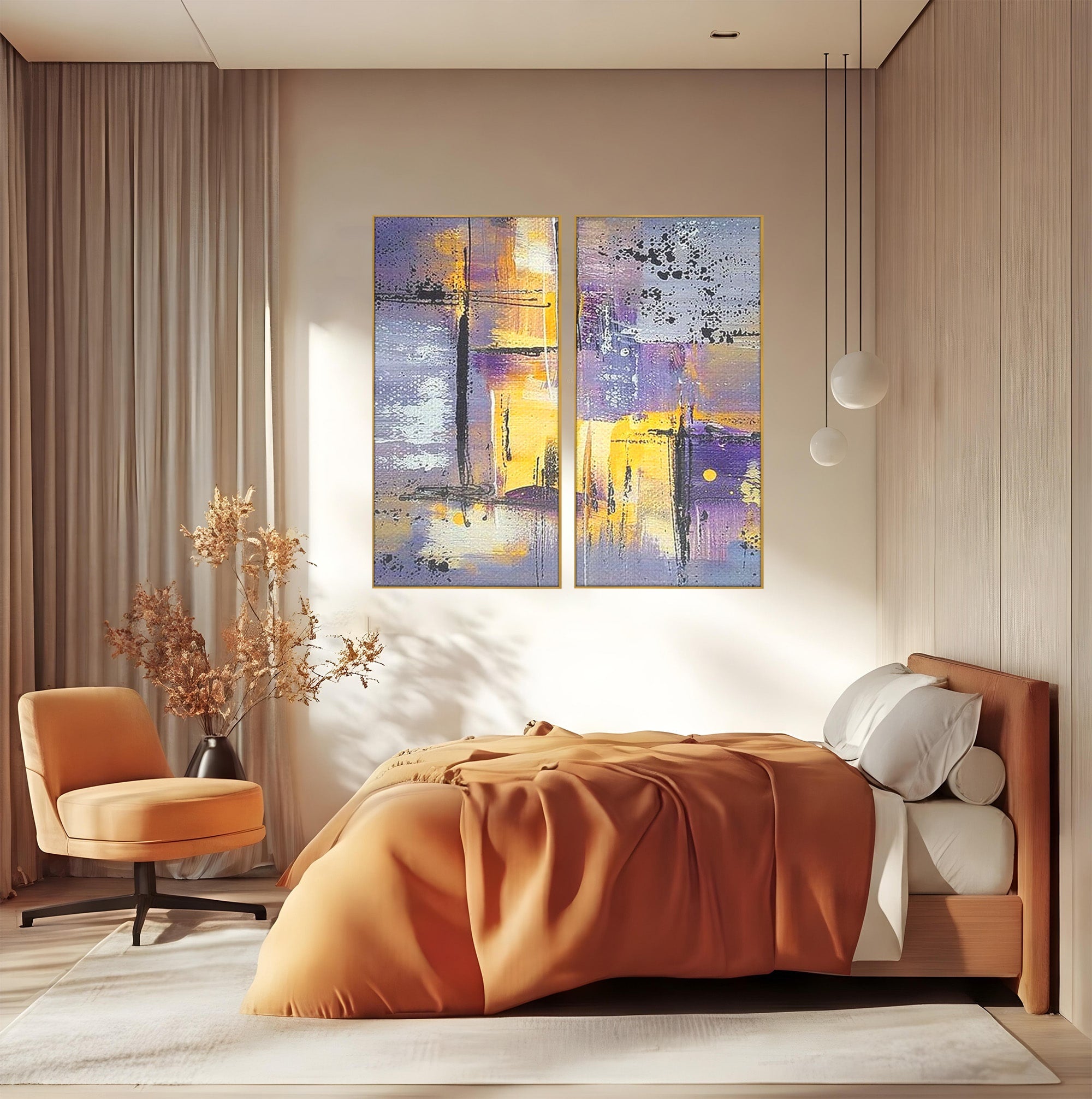 Set 2 Tablouri Canvas Premium LuxCanva® C2-1291, Ecou in lavanda, Geometrie, Culori, Abstract, Aur, Lumina, Fereastra, Tacere, Fragment, Raza, Gri, Poezie, Emotie, Minimalism, Birou, Living, Dormitor